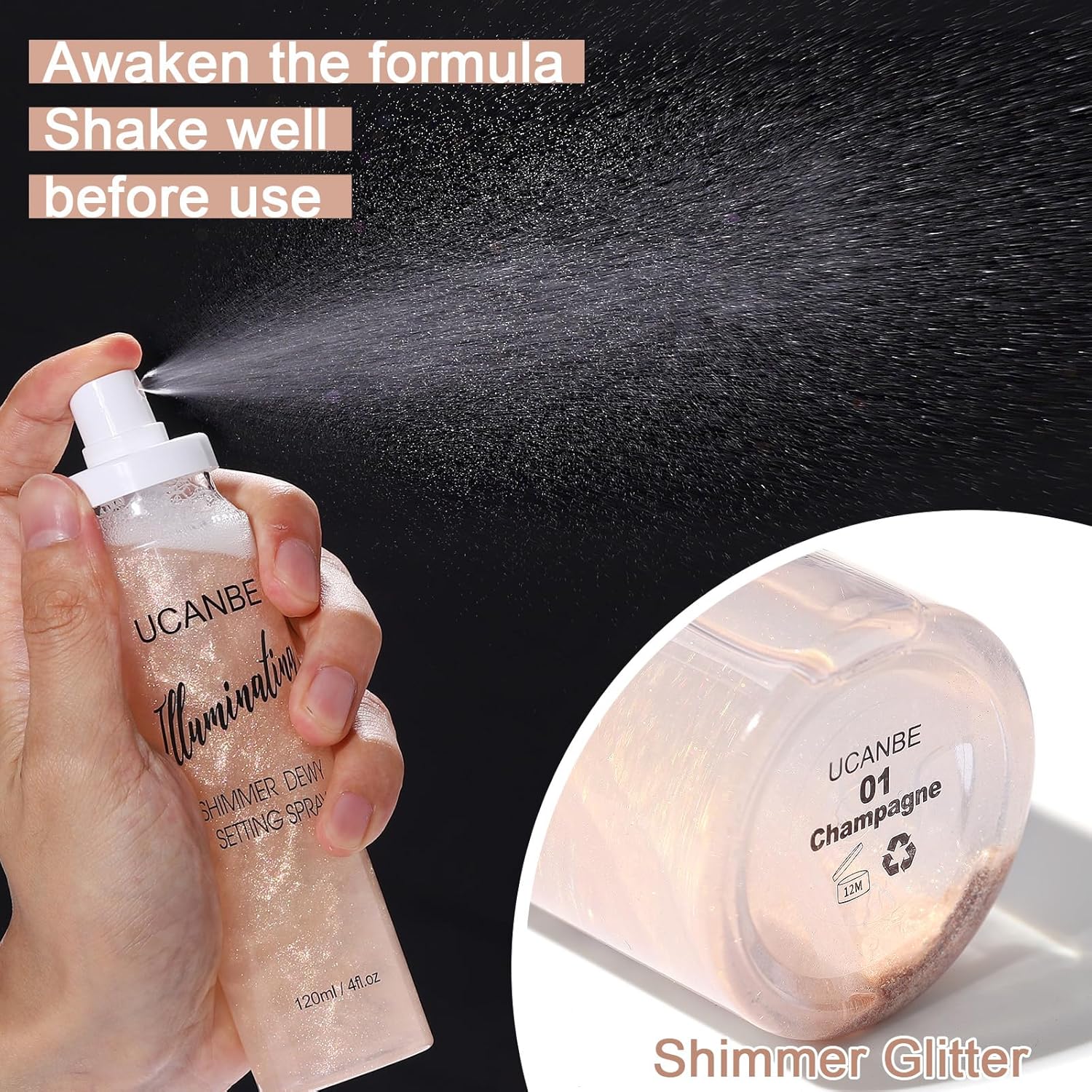 UCANBE Shimmer Dewy Setting Spray – Glowing + Makeup Setting Spray 2 in 1 Lightweight Formula for a Radiant Glow,Long-Lasting Face Mist for Face Body, 4 Fl Oz #Platinum - Image 5