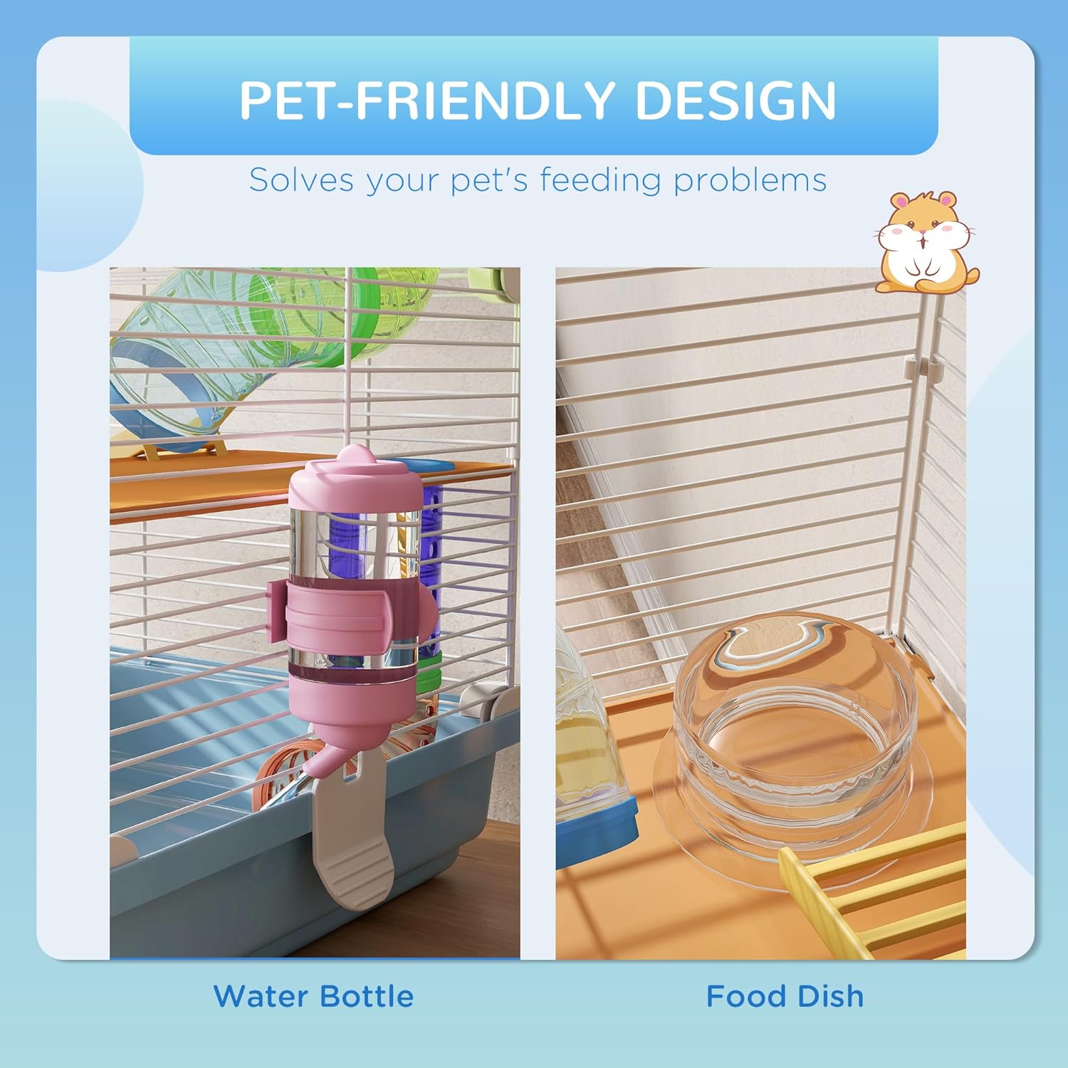 PawHut 18" 5 Tier Hamster Cage with Tubes and Tunnels, Small Animal Cage with Portable Carry Handle, Gerbil Cage with Water Bottle, Food Dish, Exercise Wheel, Light Blue - Image 4