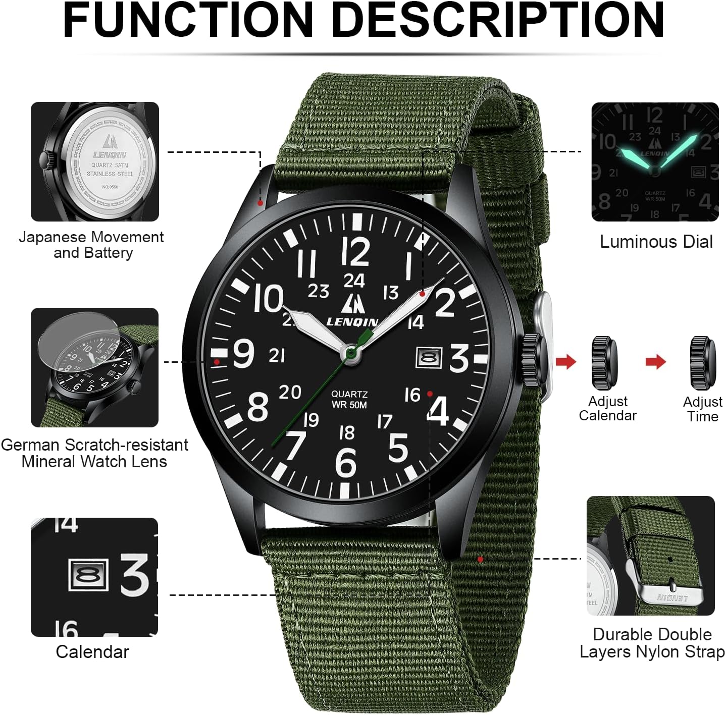 LN LENQIN Mens Watches Unisex Military Sport Nylon Strap Stylish Luminous Fashion Analog Quartz Watch for Men Waterproof Army Tactical Casual Wristwatch - Image 4
