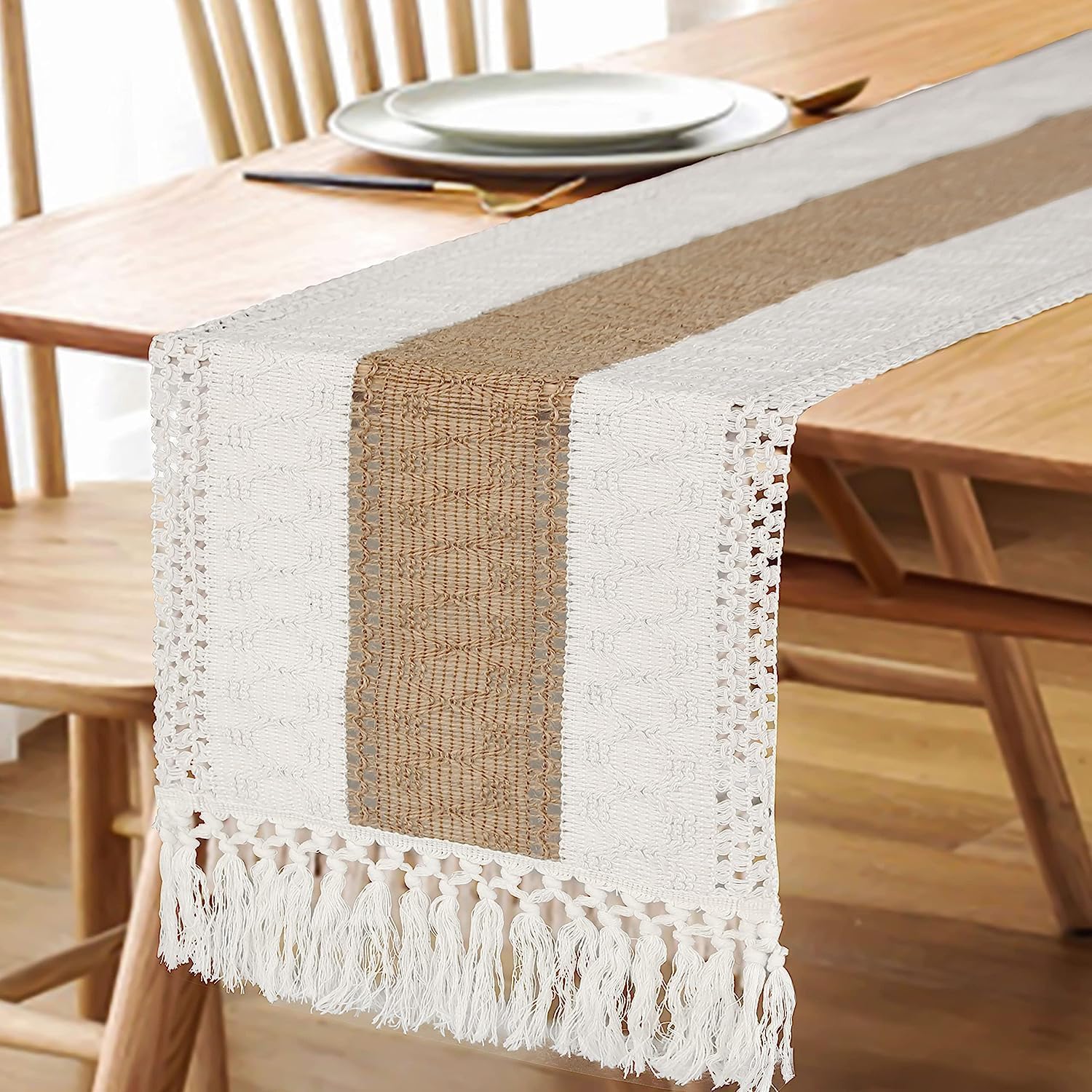 FEXIA Boho Table Runner for Thanksgiving Fall Christmas Home Decor with Tassels 72 Inches Long Pottery barn Furniture Farmhouse Rustic Macrame Burlap Table Decoration for Living Room (12x72 Inches) - Image 5