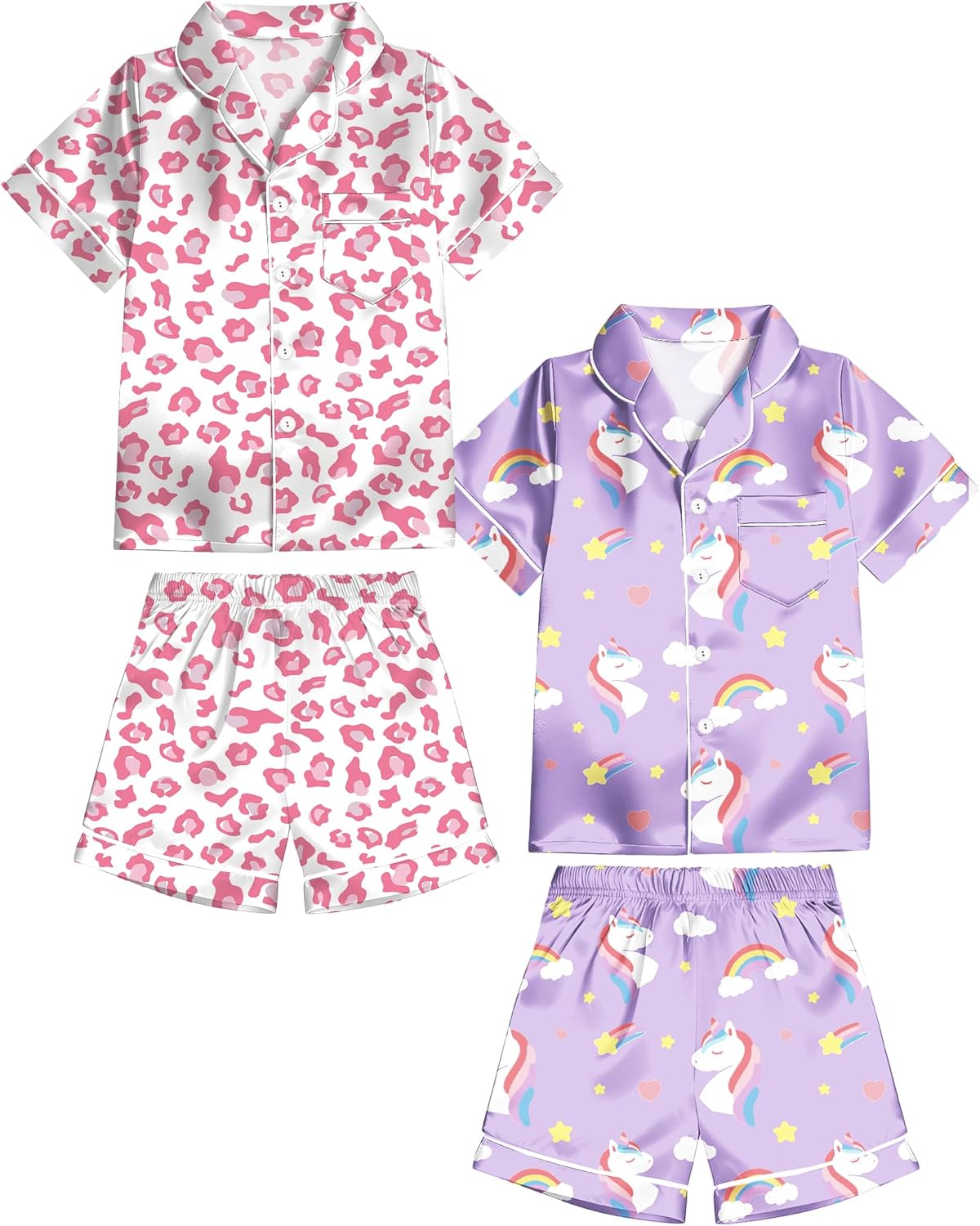 Girls Pajamas Silky Sets 2 Packs, Soft Satin Boys Kids Summer Pjs, Short Sleeve Button Down for Birthday Gift, 5Y-14Y