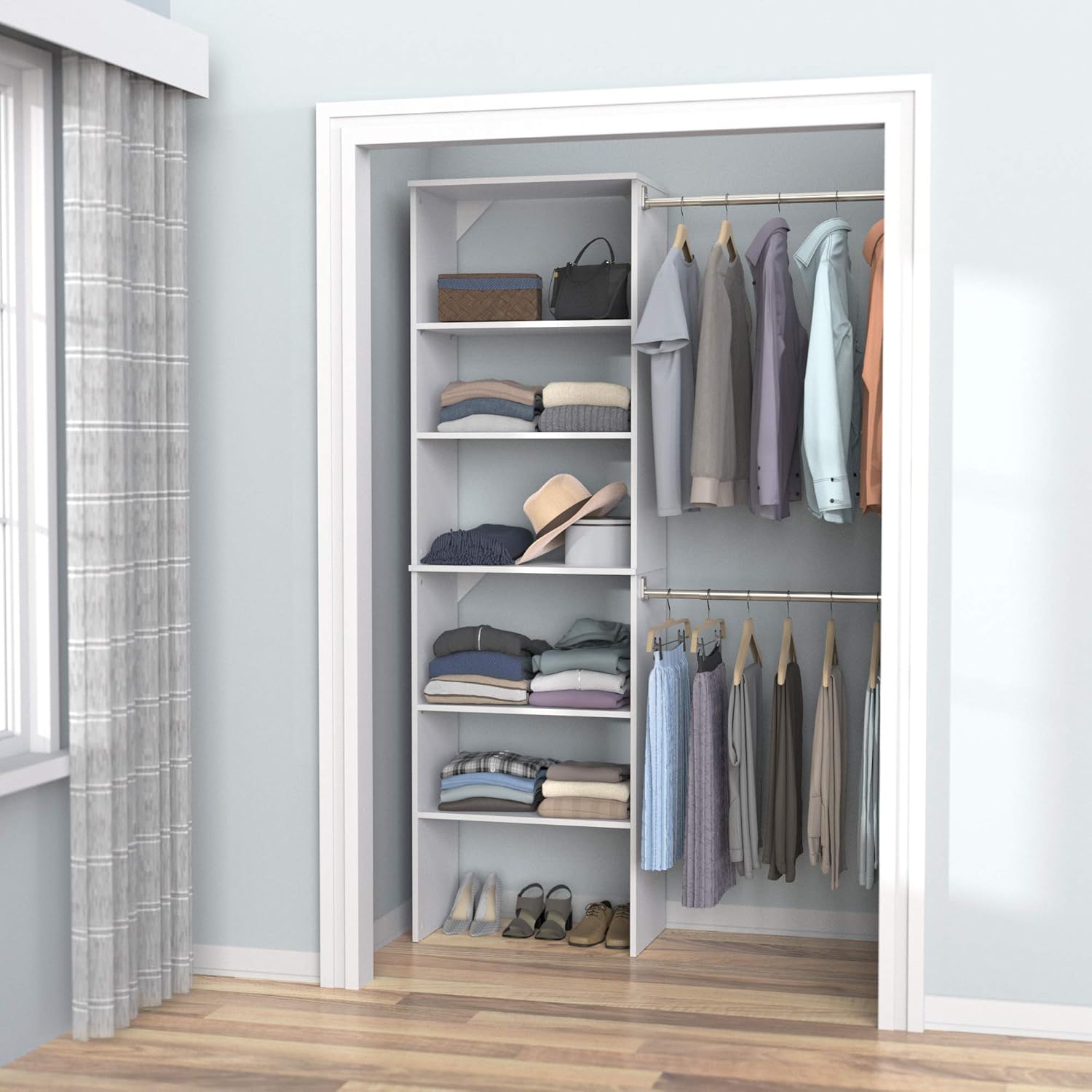 ClosetMaid SuiteSymphony Wood Closet Organizer System, 25-Inch Starter Kit with Tower and 3 Hang Rods and Shelving, Adjustable Shelves, Customizable Insert, Reach-in or Walk-in Closets, Pure White - Image 10