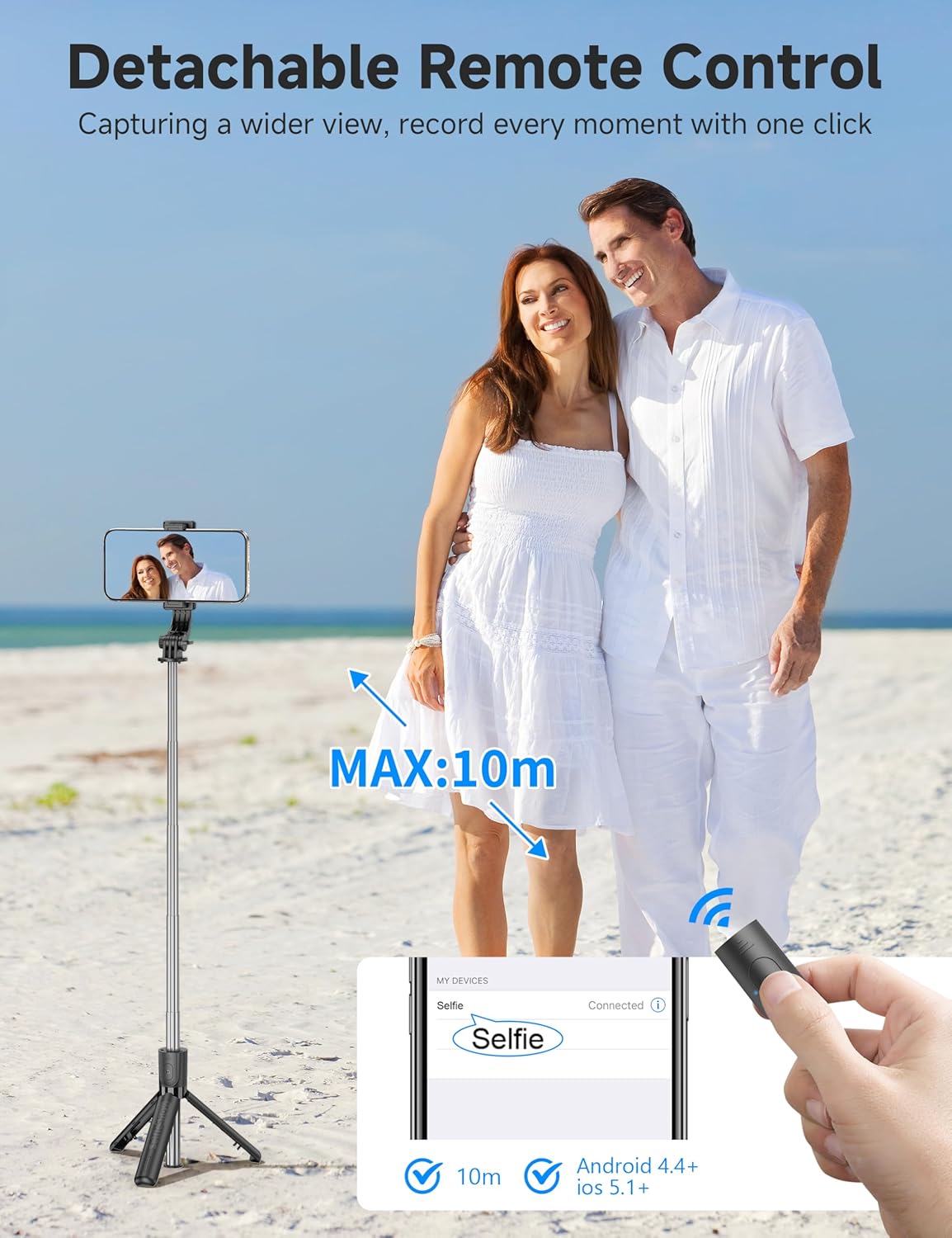 Portable Selfie Stick, 4 in 1 Extendable Phone Tripod Stand with Detachable Wireless Remote & Phone Holder 360° Rotating Mini Travel Tripod Compatible with iPhone 16/15/14/13 Pro/Android/Gopro - Image 3