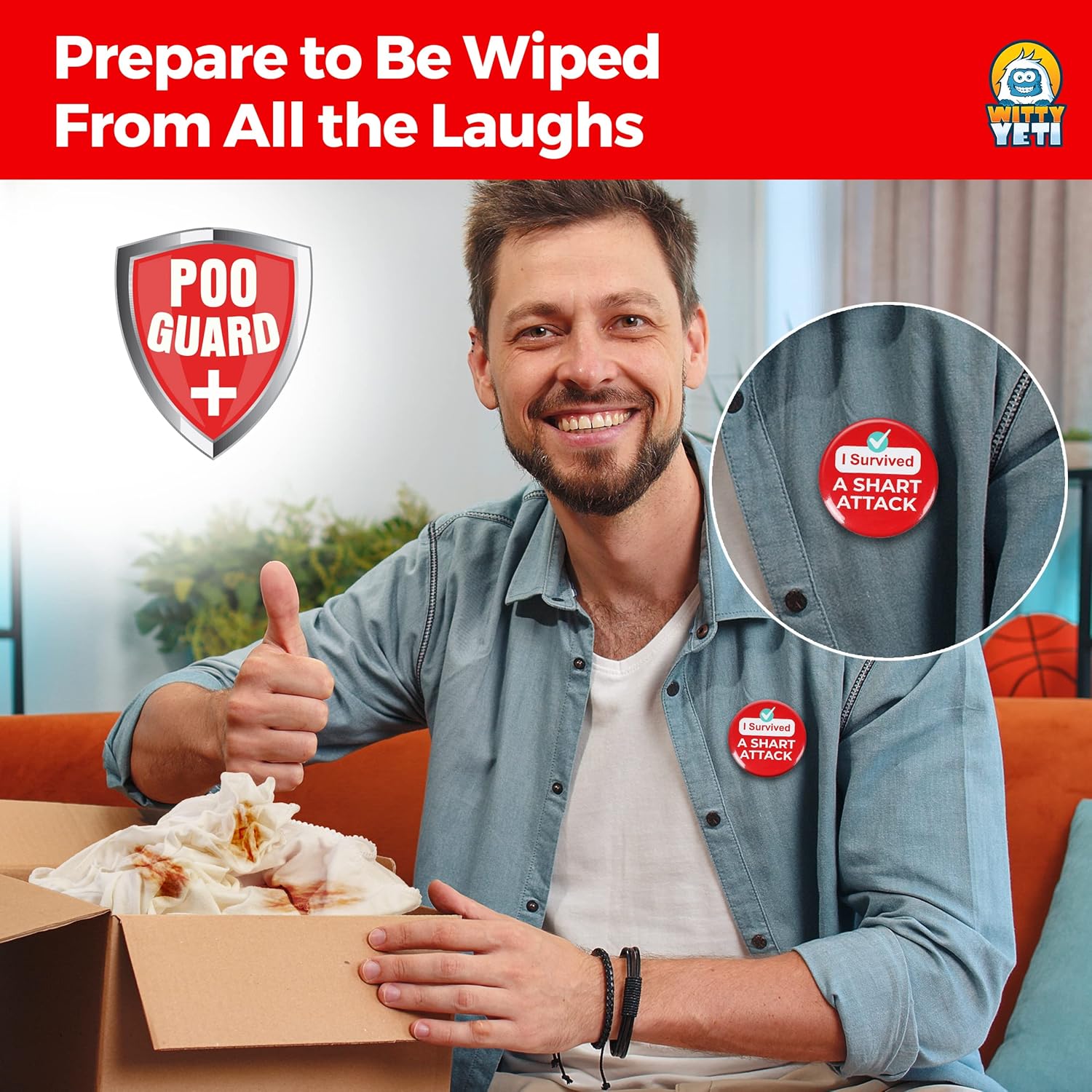 Funny Shart Survival Kit by Witty Yeti. Ultimate Poop Prank Gag Gift Set Contains Wet Wipes, Disposable Underwear, Tissues and Hilarious Badge. Novelty Fart Potty Pack Great for Friends or Family - Image 6