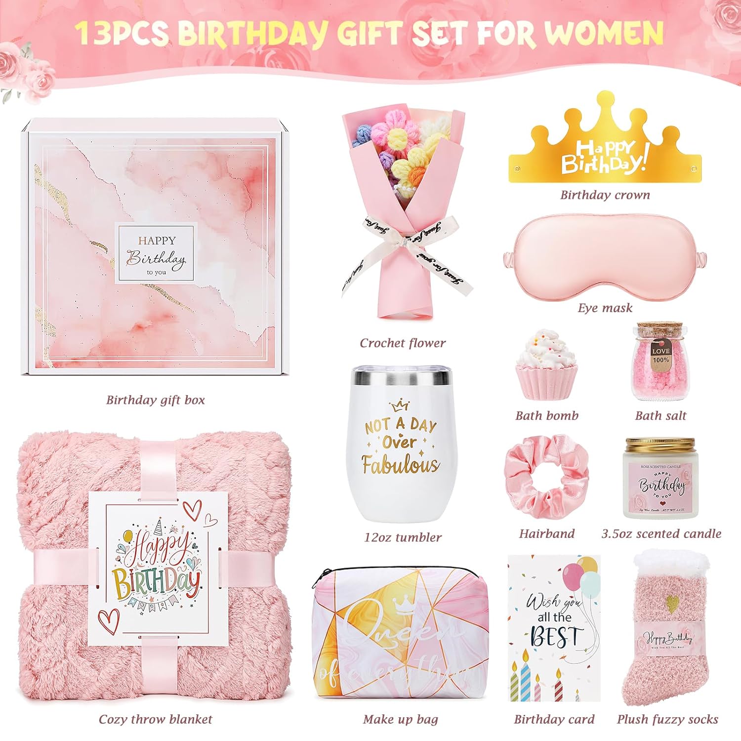 Birthday Gifts for Women, 13PCS Unique Happy Birthday Gifts Basket for Mom Her Best Friend Sister Wife Girlfriend Coworker Bestie, Luxury Self Care Box Relaxing Spa Gifts Set (Rose) - Image 2