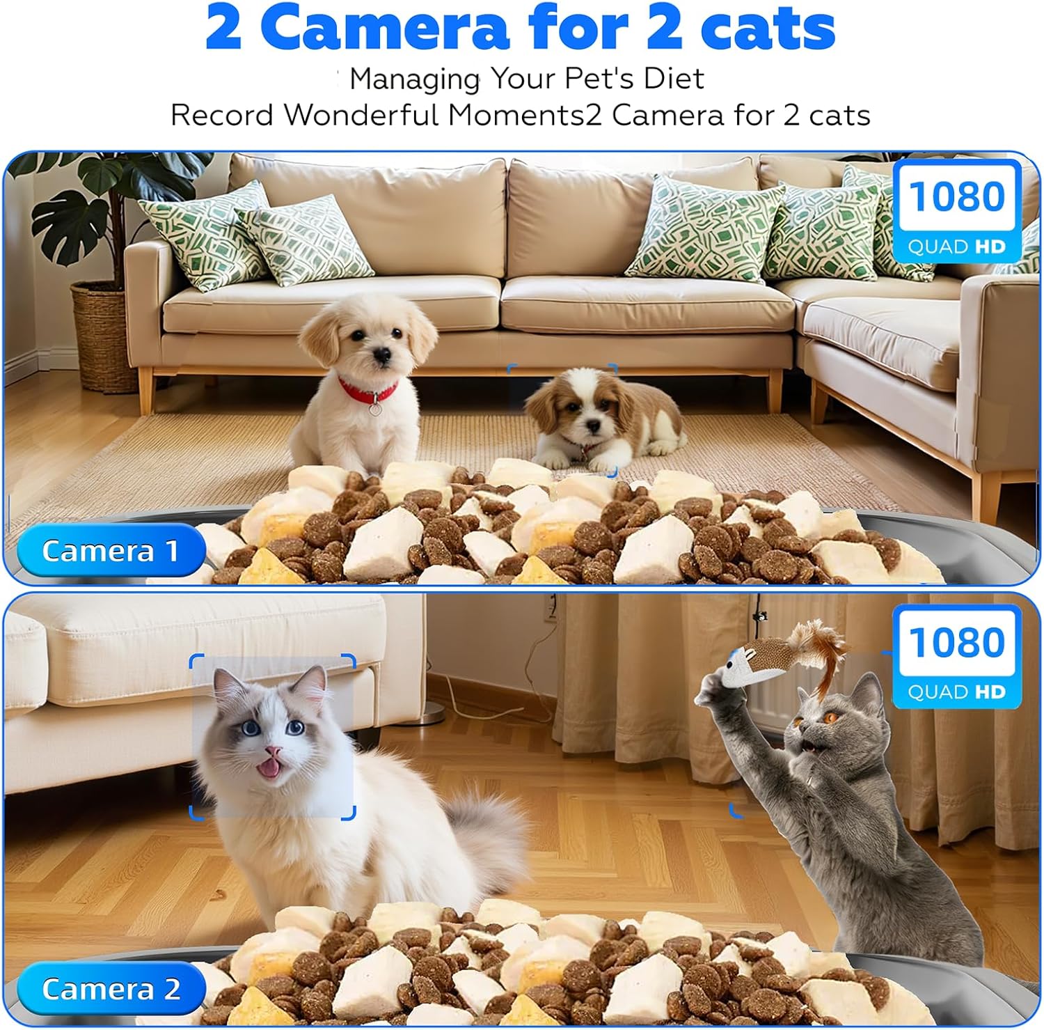 TYM Automatic Cat Feeder with 2 Camera for 2 Cats, 7L Dog Food Dispenser with Night Vision 2K 4MP, 5G WiFi Dual Auto Cat Feeder with Smart App for Multiple Cats & Small Dogs, Detachable for Clean - Image 2
