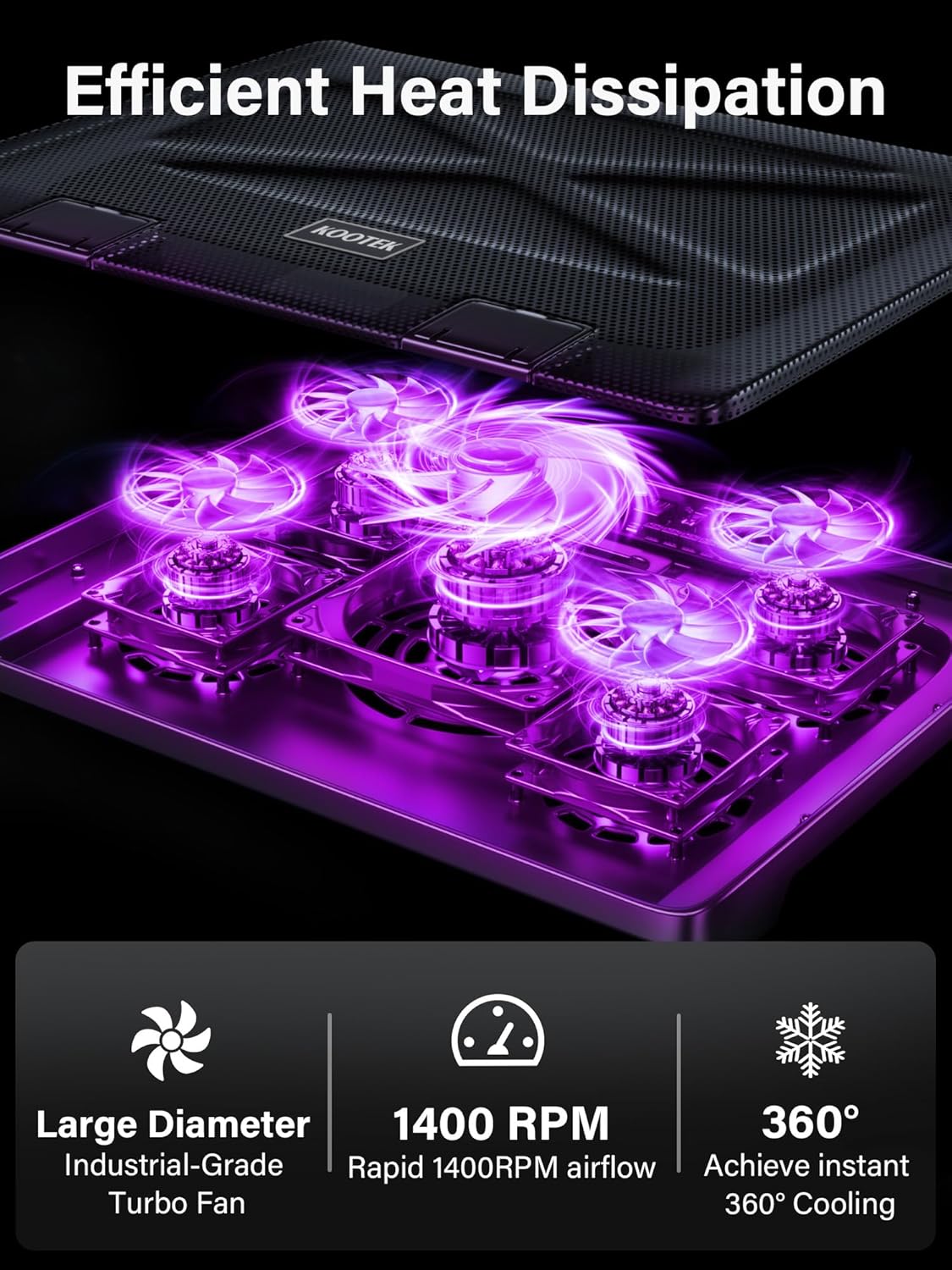 Kootek Laptop Cooling Pad, Laptop Cooler with 5 Quiet Fans for 12"-17" Computer PC Notebook Gaming Laptop Fan, Height Adjustable Laptop Cooling Stand Laptop Accessories (Purple) - Image 2