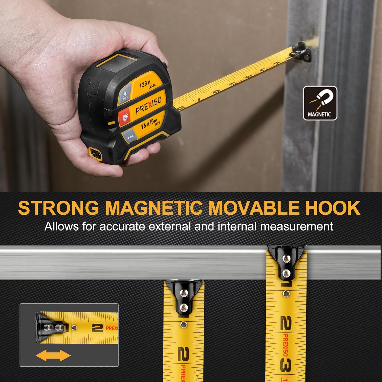 PREXISO 2-in-1 Laser Tape Measure, 135Ft Rechargeable Measurement Tool & 16Ft Measuring Movable Magnetic Hook - Pythagorean, Area, Volume, Ft/Ft+in/in/M Unit NOT Digital - Image 5