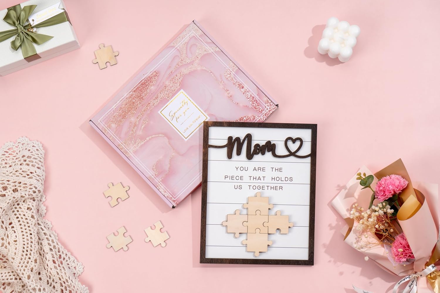 Personalized Mom Puzzle Piece Sign Gift, You are The Piece That Holds Us Together Plaque with Family Names, Grandparents Day Wood Sign, Birthday Gifts for Mommy from Daughter and Son (Mom) - Image 6