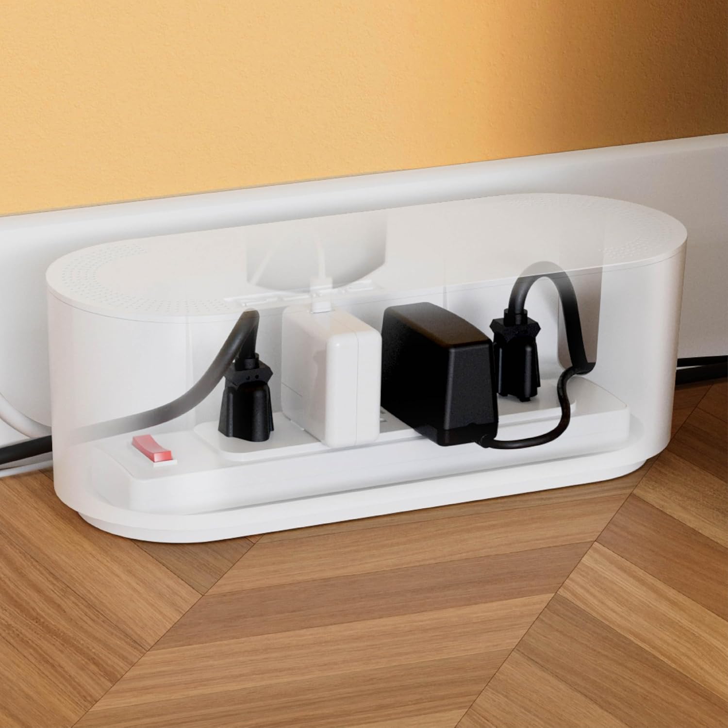 D-Line Cable Management Box, Power Strip Holder, Floor Outlet Hider, Desk Cord Organizer, Cover TV Wires, 12.75" (L) x 5" (W) x 4.5" (H), for use with Power Strips up to 10.5in Length - Small, White - Image 8