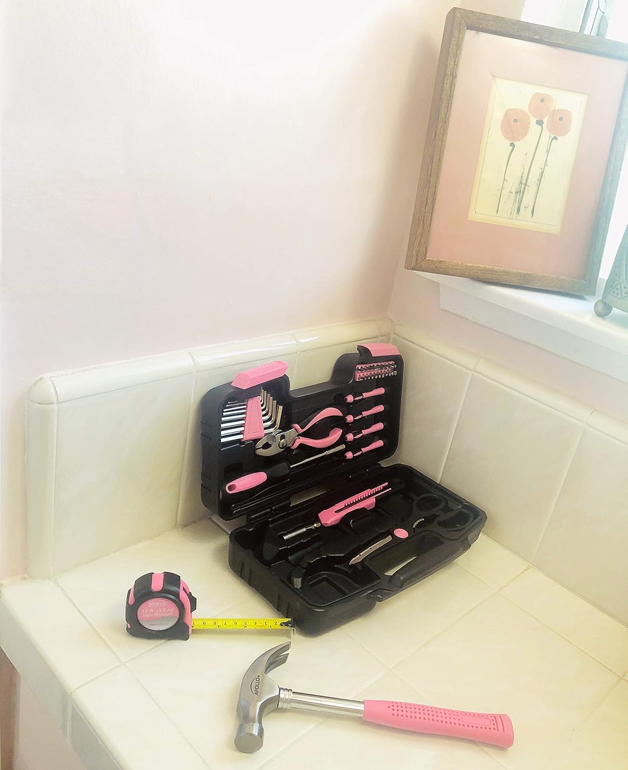 Apollo Tools Original 39 Piece General Household Tool Set in Toolbox Storage Case with Essential Hand Tools for Everyday Home Repairs, DIY and Crafts - Pink Ribbon - Pink - DT9706P - Image 7