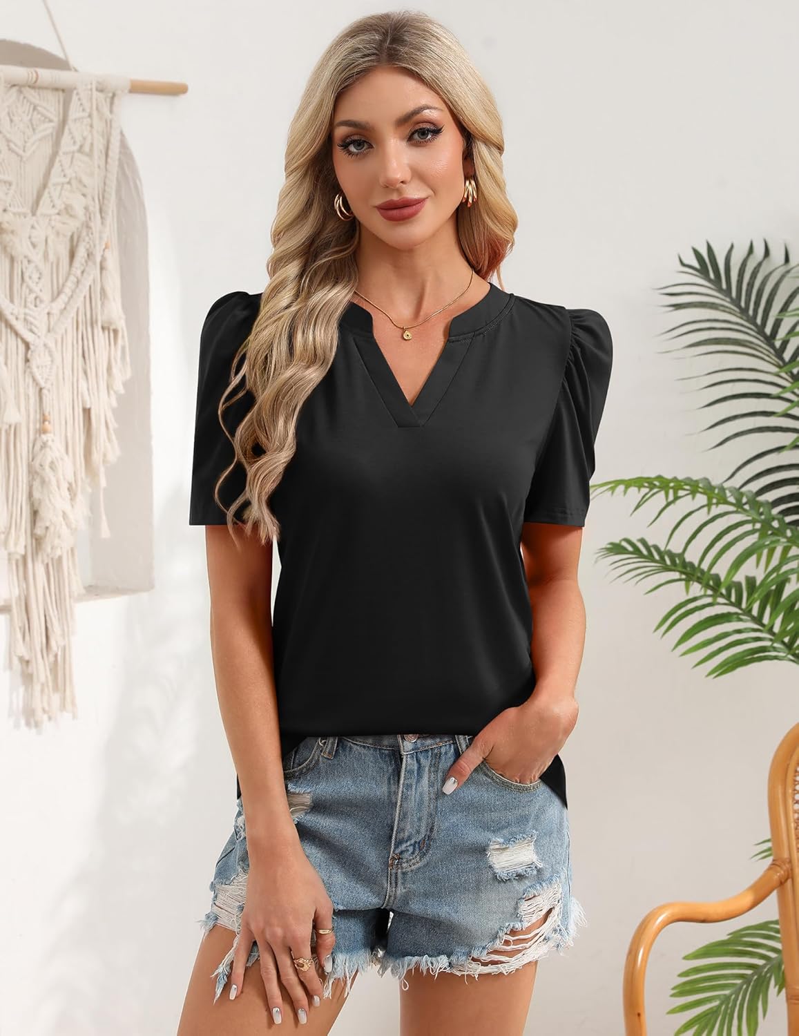Zeagoo Women Blouses Puff Short Sleeve Tops V Neck Dressy Casual Spring Shirts Boho Floral Cute Clothes 2026 - Image 4