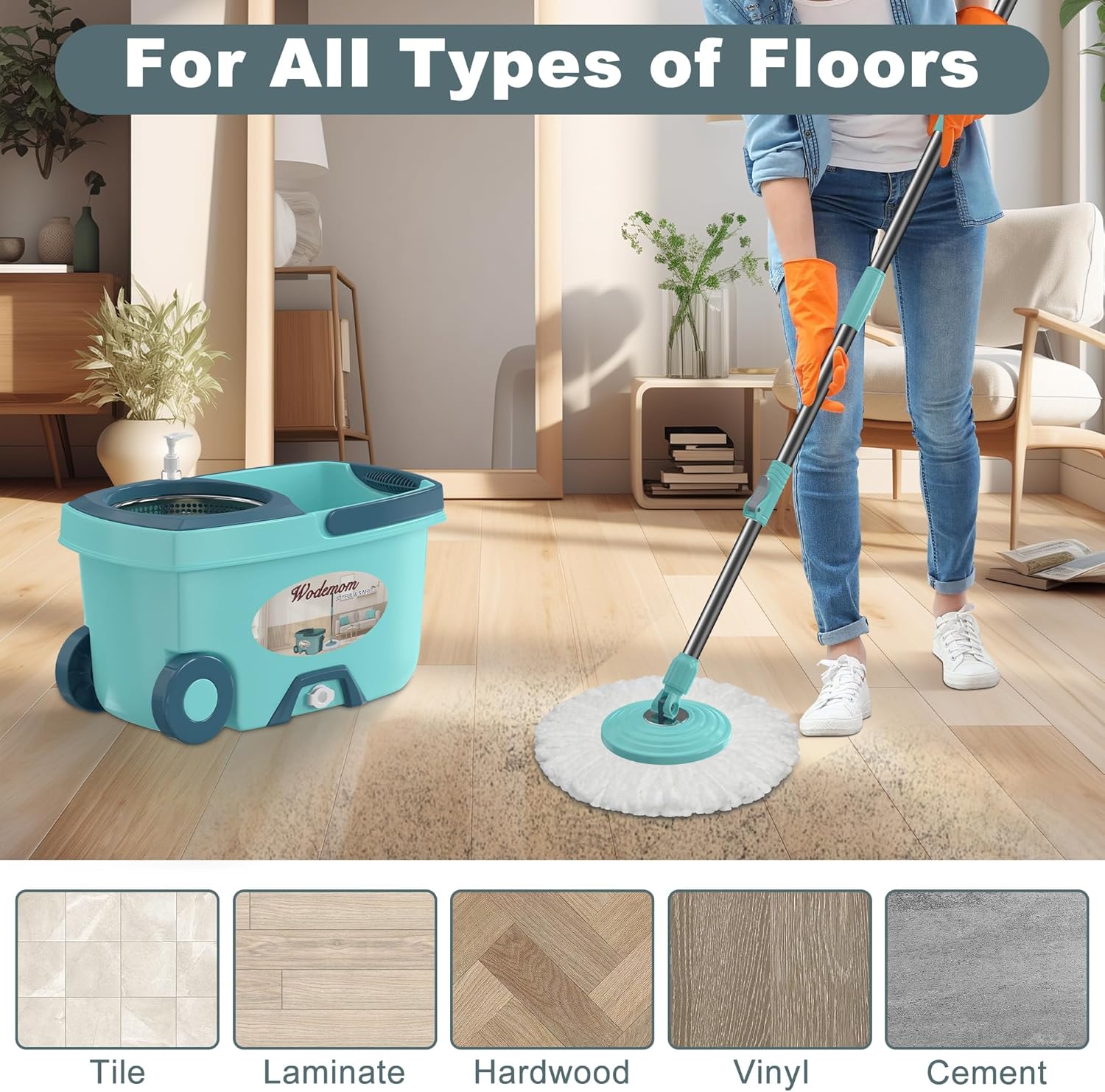 Spin Mop and Bucket System, Mop and Bucket with Wringer Set,Mops for Floor Cleaning,Household Supplies Tools with 6 Replacement Refills,61" Extended Handle for Household Hardwood Floor - Green - Image 6