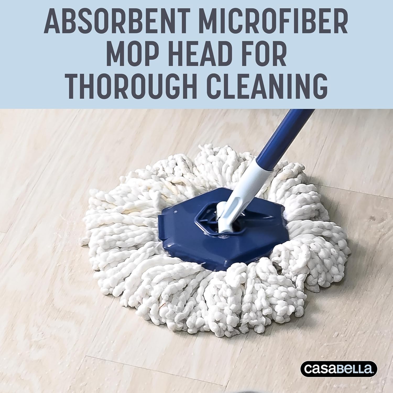 Casabella Spin Mop System with Extra Mop Head Refill - Two-Bucket Design with Splash Guard Built-in Measuring Cup and Scraper Tool with Easy Wring Pedal Spinner, 1.25-Gallon, Blue - Image 8