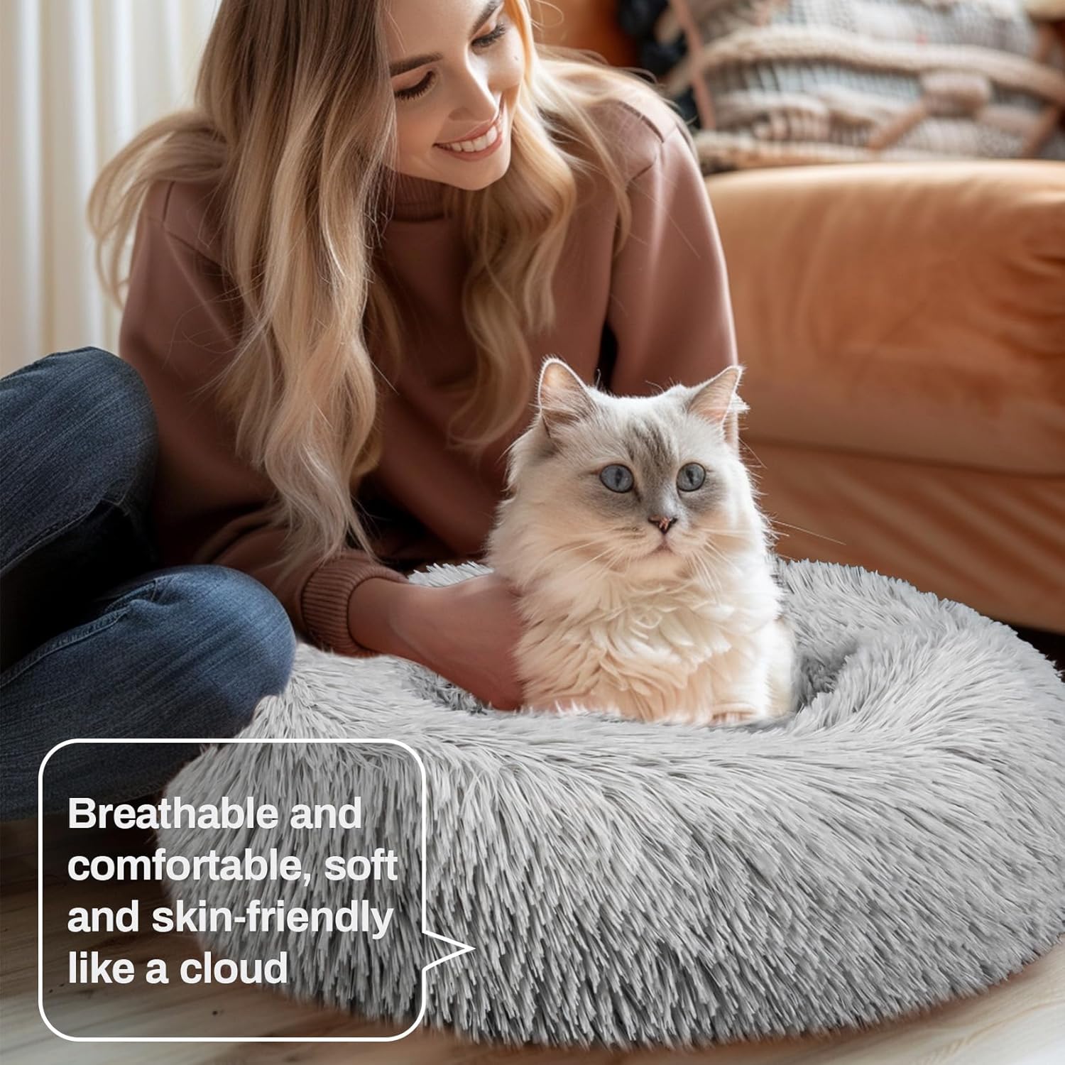 Cat Bed - Calming Cat Bed for Small Kittens Donut Washable Round for Indoor Kittens and Puppies, Anti-Slip Round Fluffy Plush Faux Fur, Small, Light Grey - Image 4