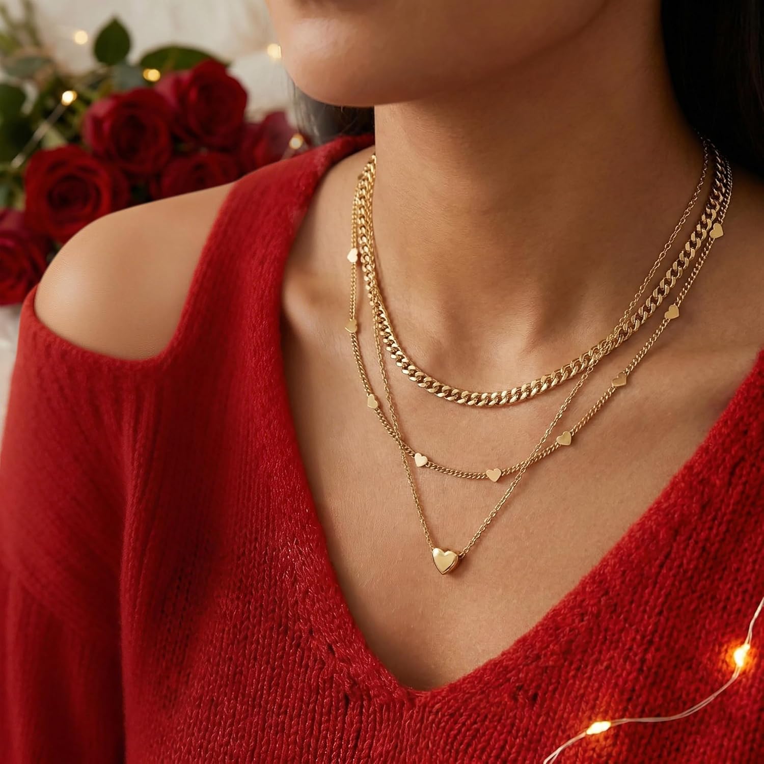 WomenGifts Layered Gold Necklaces for Women, 14K Gold Sterling Silver Plated Dainty Pendant Necklace Set with Cubic Zirconia Circle, Chunky Stackable Cuban Chain Choker, Trendy Personalized Birthstone Jewelry Gift Non Tarnish - Image 2