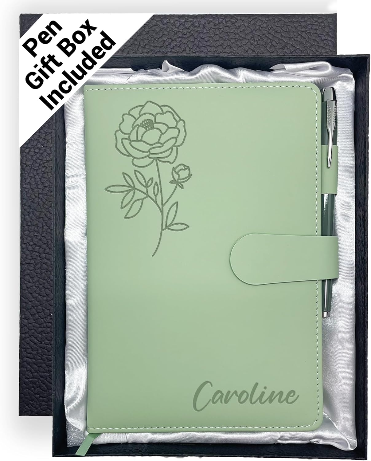 Personalized Leather Journal with Gifts Box & Pen, Custom Notebooks Diary with Engraved Birth Flower Name, Birthday Gifts for Women, Christmas Office Gift for Bridesmaid Students Teacher Mom Friend