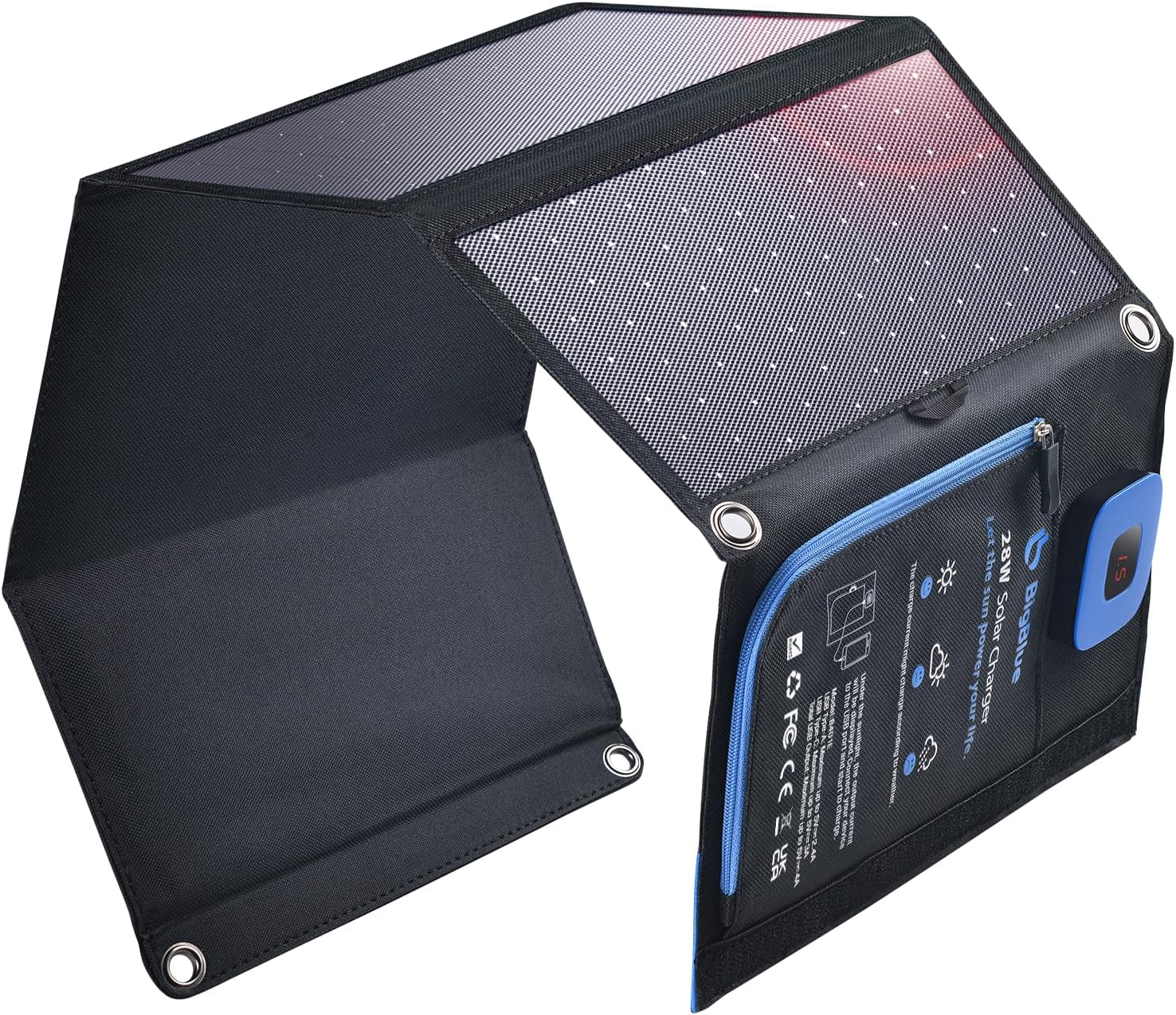 BigBlue Portable Solar Charger 28W with Digital Ammeter,25.4% High-Efficiency, USB-A/USB-C Ports, Folding Waterproof Solar Panels with Carabiners for Camping, Backpacking, Phones, Tablets, Power Bank