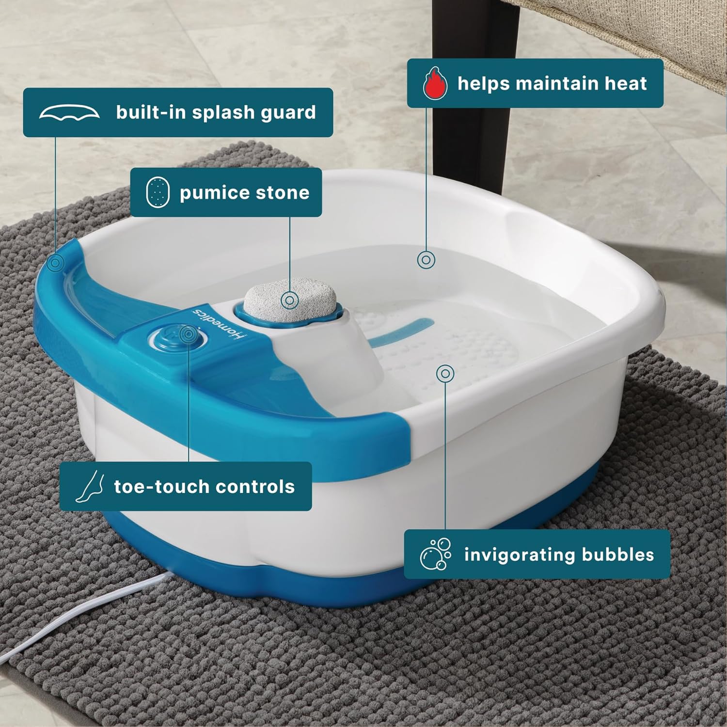 Homedics Bubble Mate Foot Spa, Toe Touch Controlled Foot Bath with Invigorating Bubbles and Splash Proof, Raised Massage Nodes and Removable Pumice Stone - Image 4