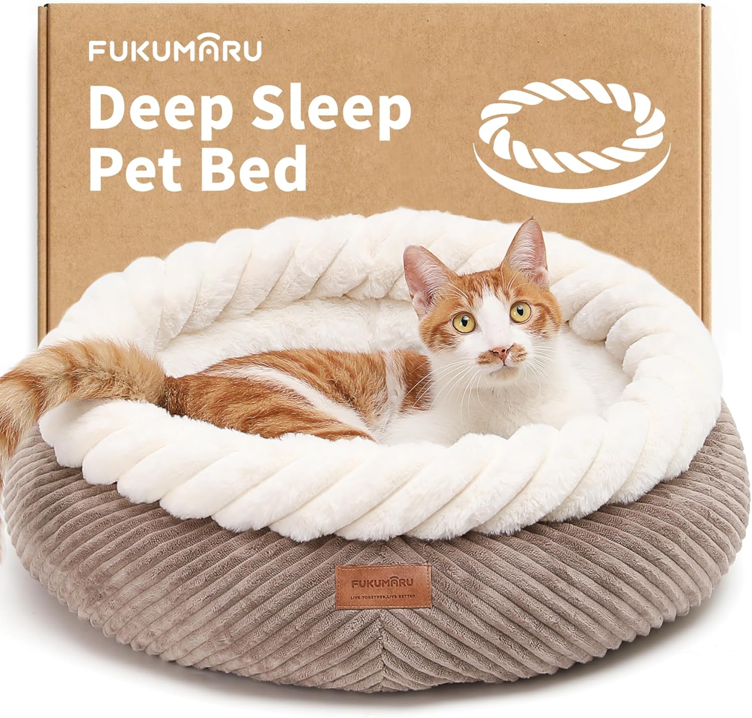 FUKUMARU Cat Bed, Calming Donut Dog Beds, Plush Faux Fur&Corduroy Kitten Beds, Cute Round Washable Pet Bed for Large Cats and Puppy, Cat Cave with Anti-Slip Bottom, 21inch, Camel - Image 9
