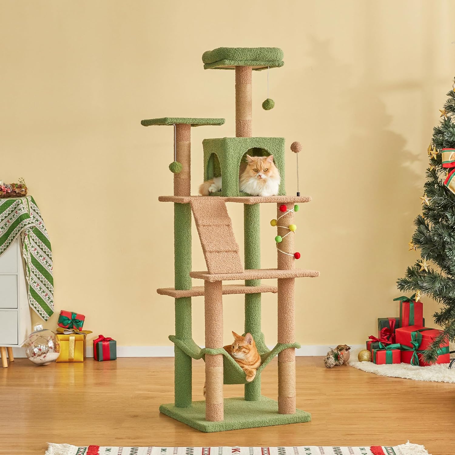 MWPO 63.8 Inches Green Cat Tree for Indoor Cats, Multi-Level Cat Tower with Sisal-Covered Scratching Posts, Padded Platform, Hammock, Dangling Toys, Stable Cat Condo Pet Play House - Image 9