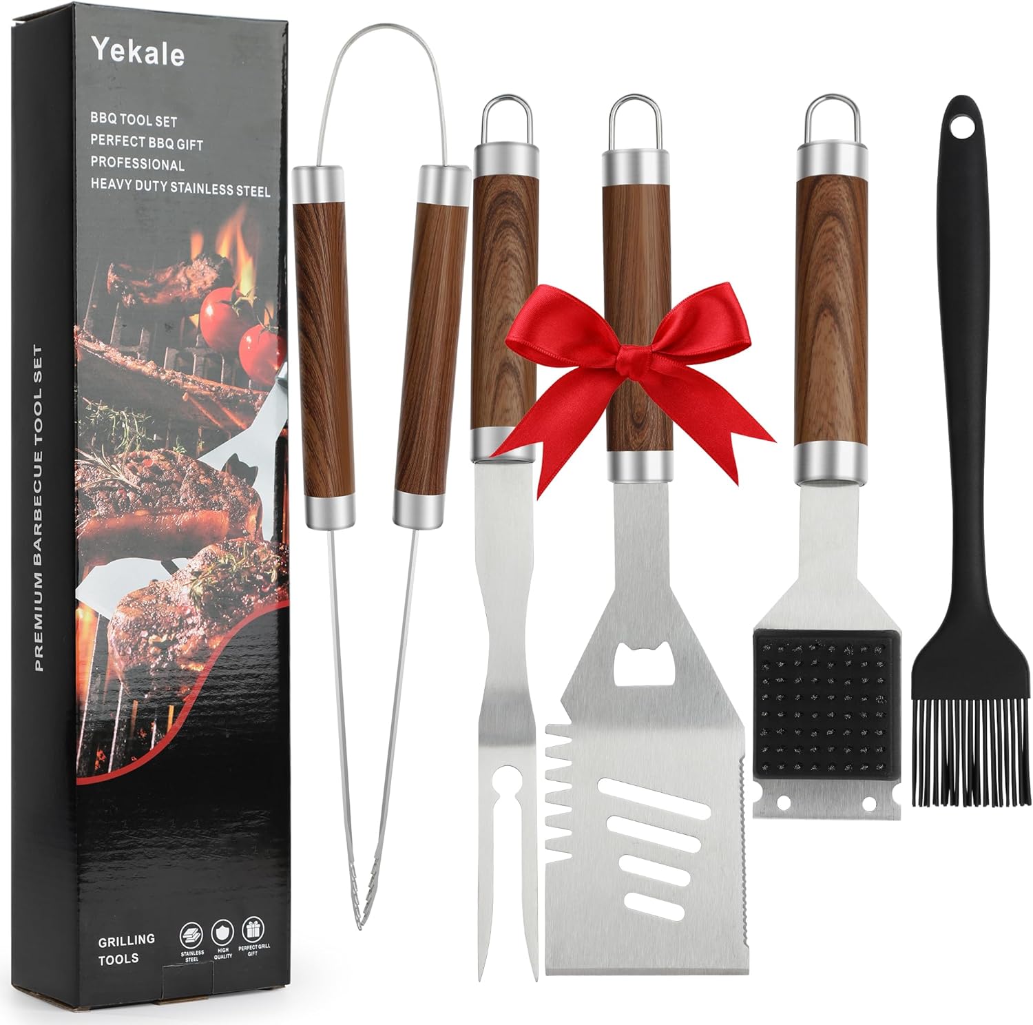 Yekale BBQ Grill Accessories Set, Grill Tools Grilling Accessories Grilling Gifts for Men - Spatula, Fork, Brush, Tongs & Cleaning Brush - Outdoor Barbecue Utensils Gifts for Men Dad Him (Wood)