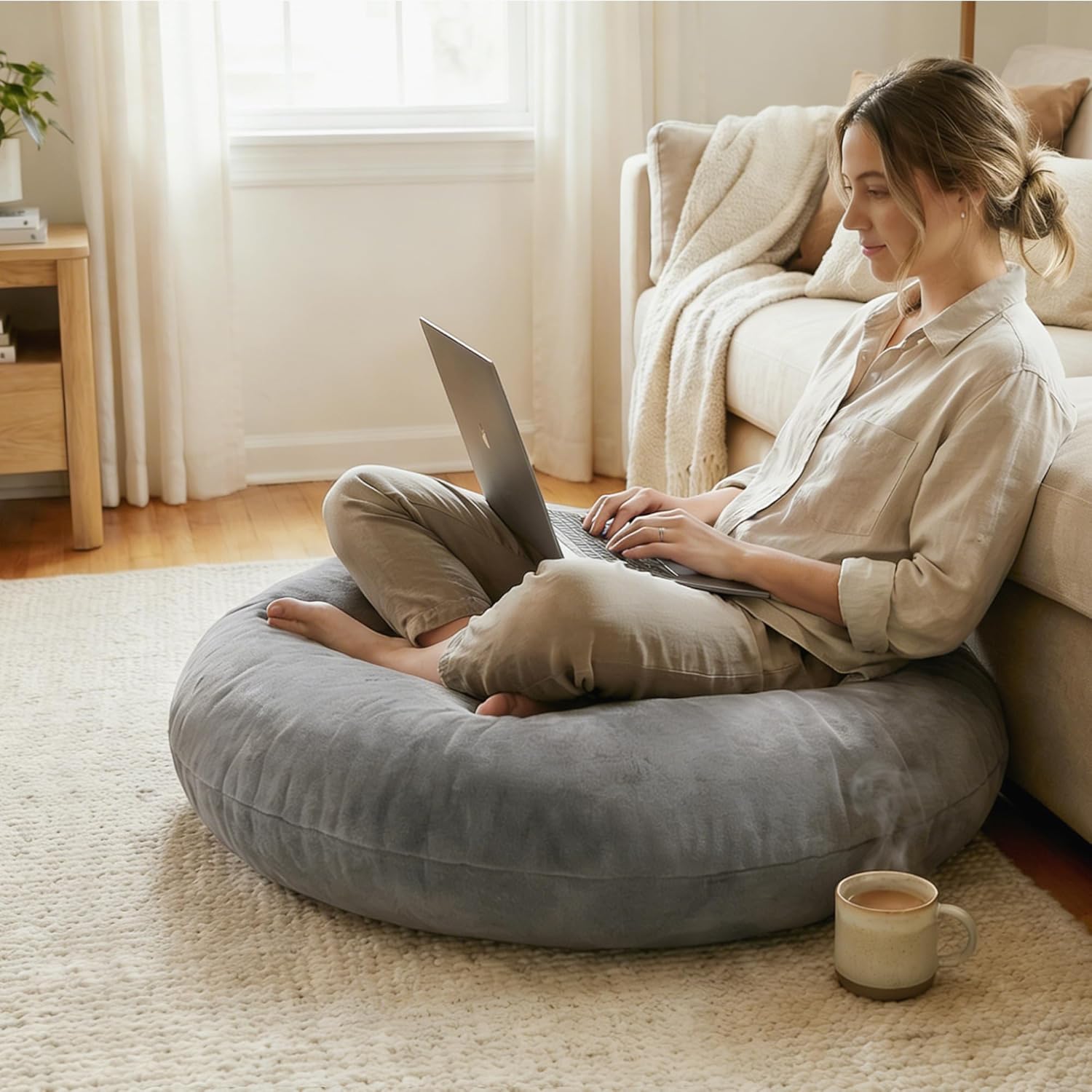 Codi Large Meditation Cushions – Round Floor Pillows for Adults with Removable Washable Cover, Soft and Supportive Floor Cushion for Yoga, Seating and Dog Bed, 32 inch - Grey - Image 7