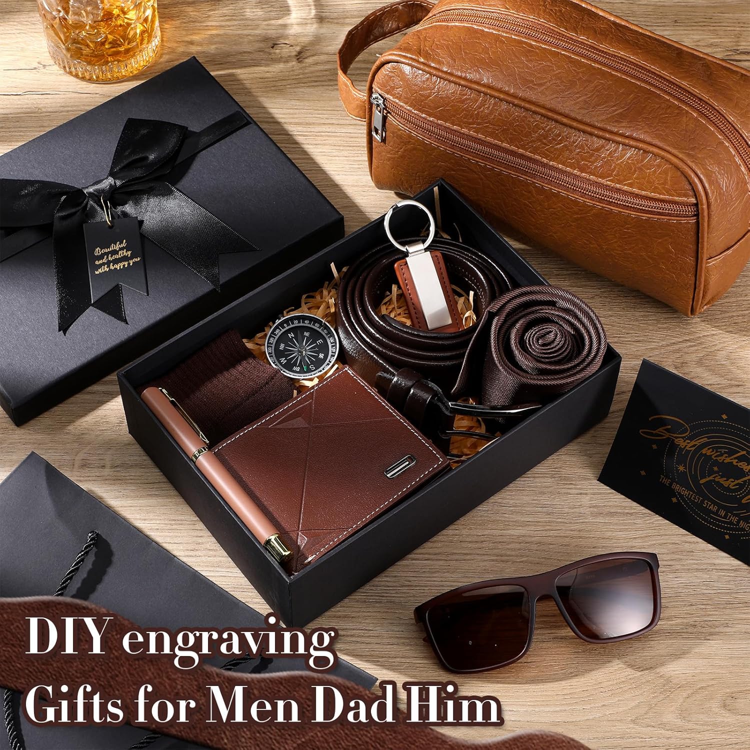 Geyoga 12 Pcs Men Birthdays Gift Set with Box for Men Dad Basket PU Leather Wallet Leather Toiletry Bag Tie Socks Belt Keychain Sunglasses Pen Compass Set - Image 3