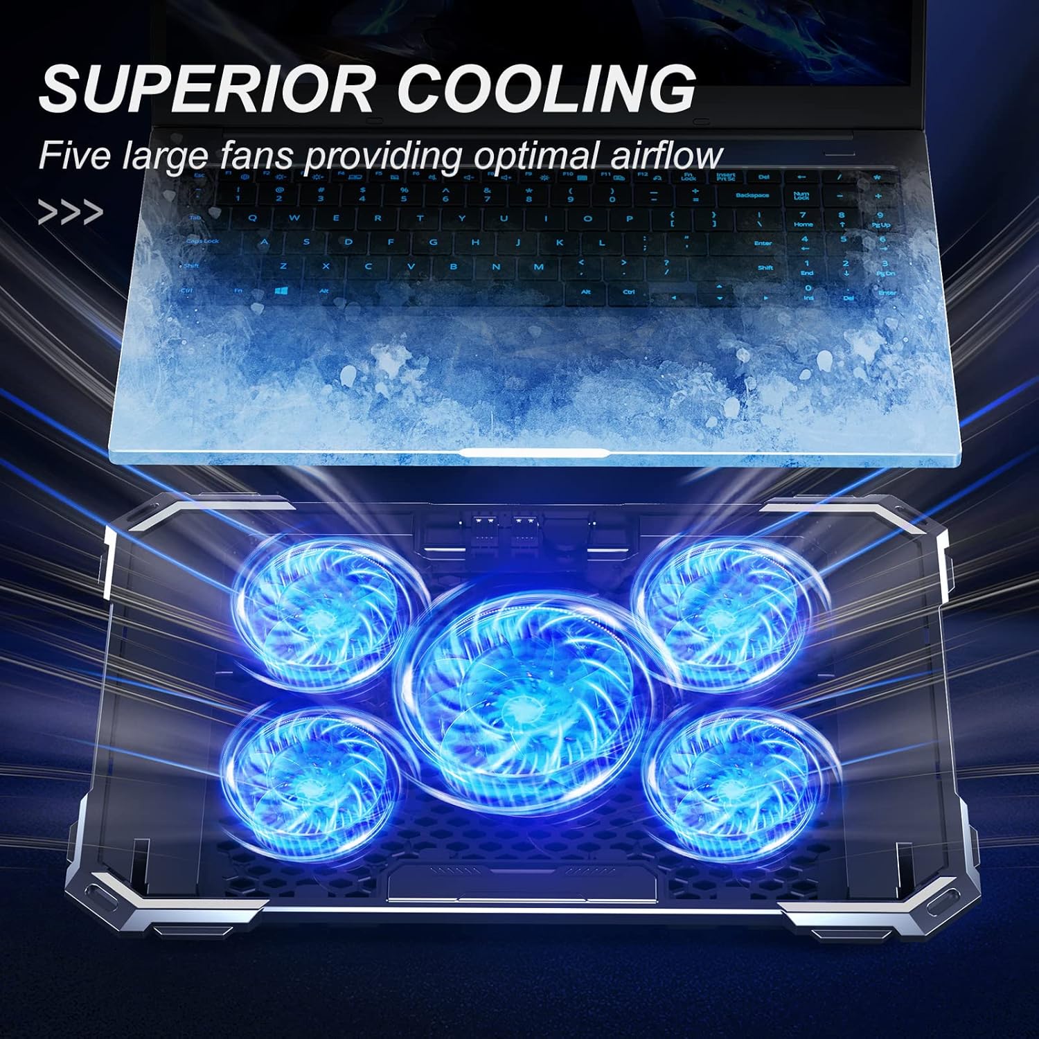 KYOLLY Upgrade Laptop Cooling Pad,Gaming Laptop Cooler with 5 Quiet Fans,2 USB Ports,5 Adjustable Stand Height,Blue LED Lights,for 15.6 Inch Laptops - Image 2