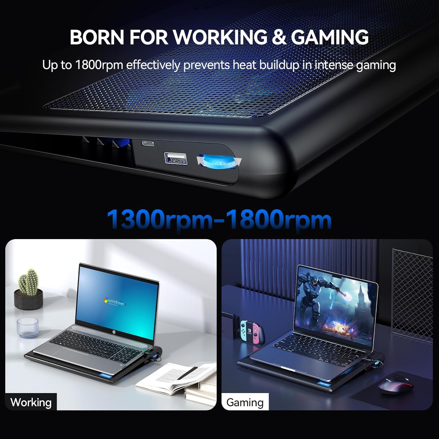 TECKNET Laptop Cooling Pad - 12"-15.6" Laptops Cooler, Powerful Cooler and Ultra Quiet for Gaming Laptops Pad, 2 Wind Speed Adjustable, USB A & C Powered Cooler Stand with Laptop Fan LED (Blue) - Image 3