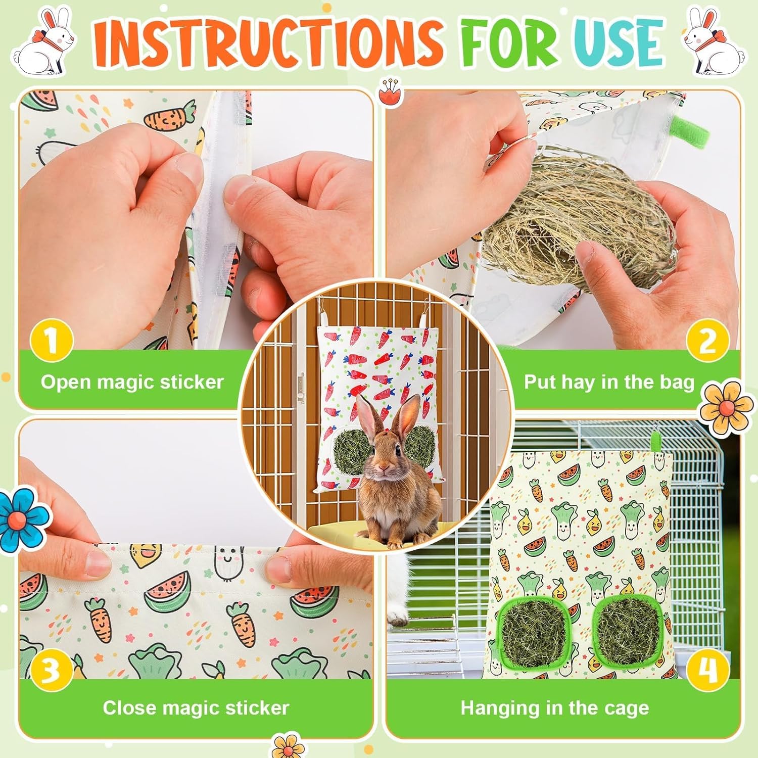UPINS 2 Pack Guinea Pig Hay Feeder,Rabbit Hay Bag Hanging Hay Holder for Guinea Pig Cage Hay Feeder for Bunny Rabbits Chinchillas Hamsters Small Pets and Animals - Image 6