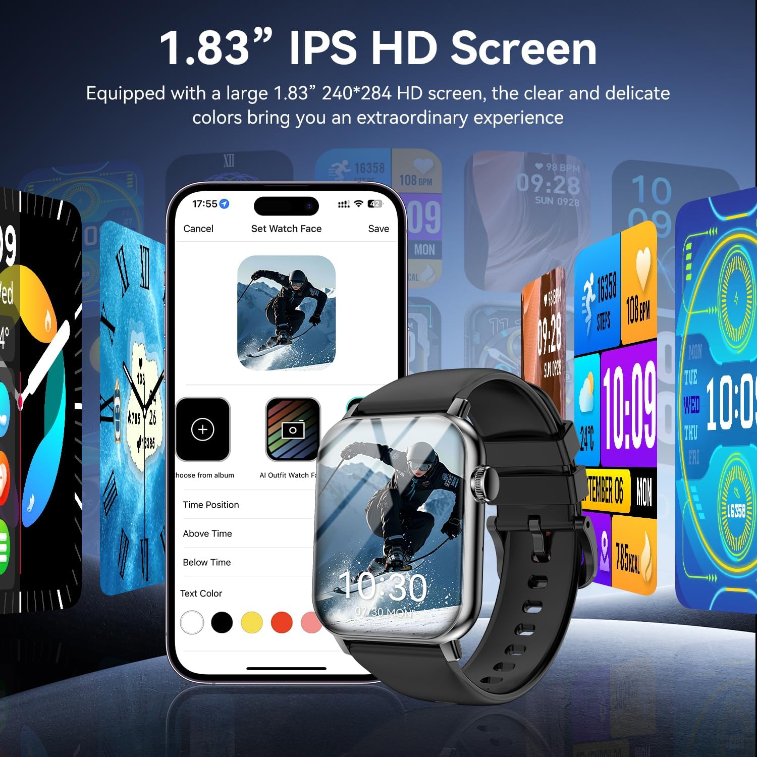 Smart Watches for Men Women, 1.83" HD Touchscreen with Bluetooth Calling, IP68 Waterproof Fitness Tracker, 120+ Sport Modes, 24/7 Heart Rate & Sleep Monitor, Compatible with iPhone Android (Black) - Image 2