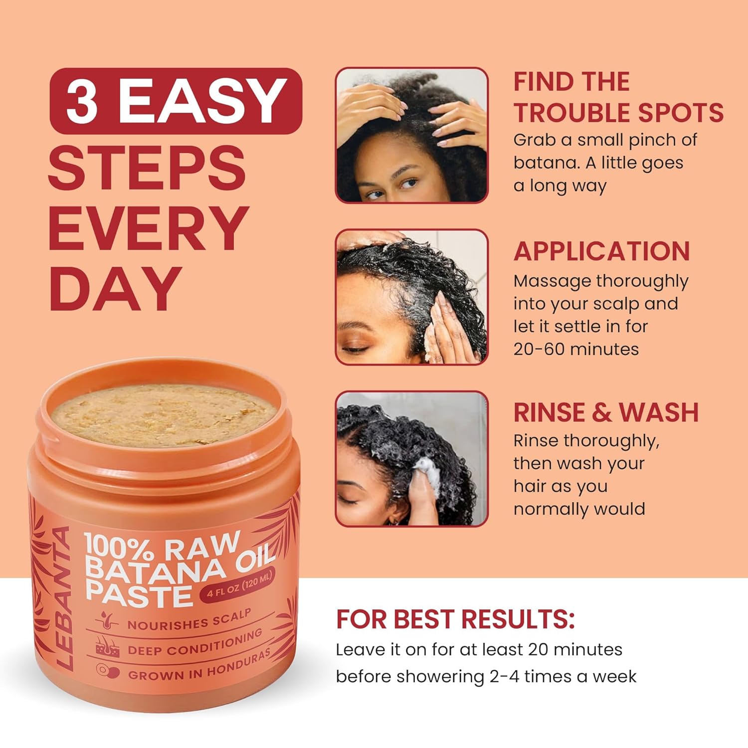 Lebanta Raw Batana Oil for Hair Growth - 100% Pure, Organic 4oz Batana from Honduras for Thick and Strong Natural Hair - Dr. Sebi Unrefined Cold Pressed Cosmetic Scalp Mask Gifts for Women (1 Pack) - Image 4