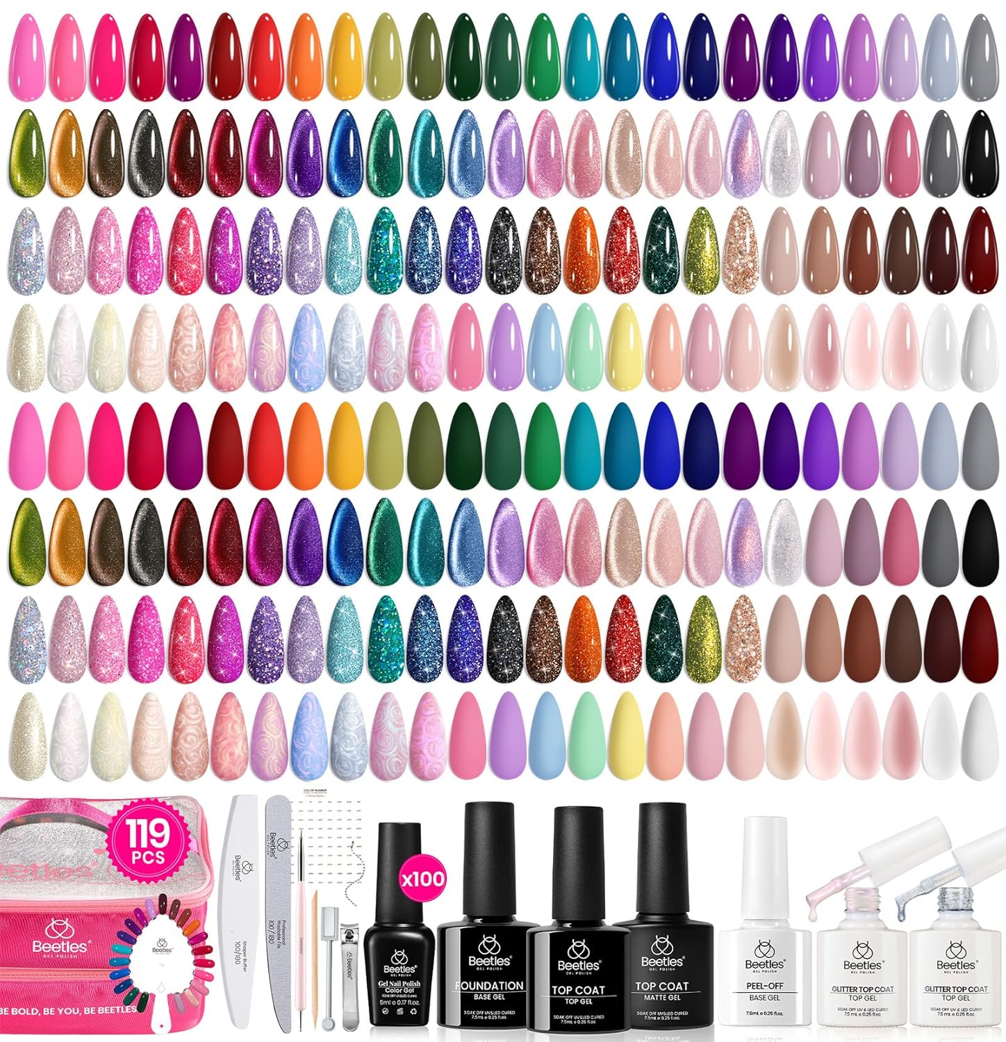 Beetles Nail Nook Gel Nail Polish Set - 119 PCS 100 Colors Gel Polish Kit Base Glossy Matte Glitter Top Coat Glitter Pearl Cat Eye White Red Pink Nude Uv Led Nails Easter Gift for Women - Image 7