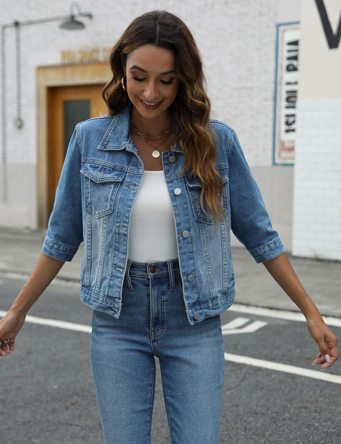Unilexi Women's 3/4 Sleeve Colored Cropped Denim Jacket Light Wash Short Jean Jacket Trucker Coat - Image 2