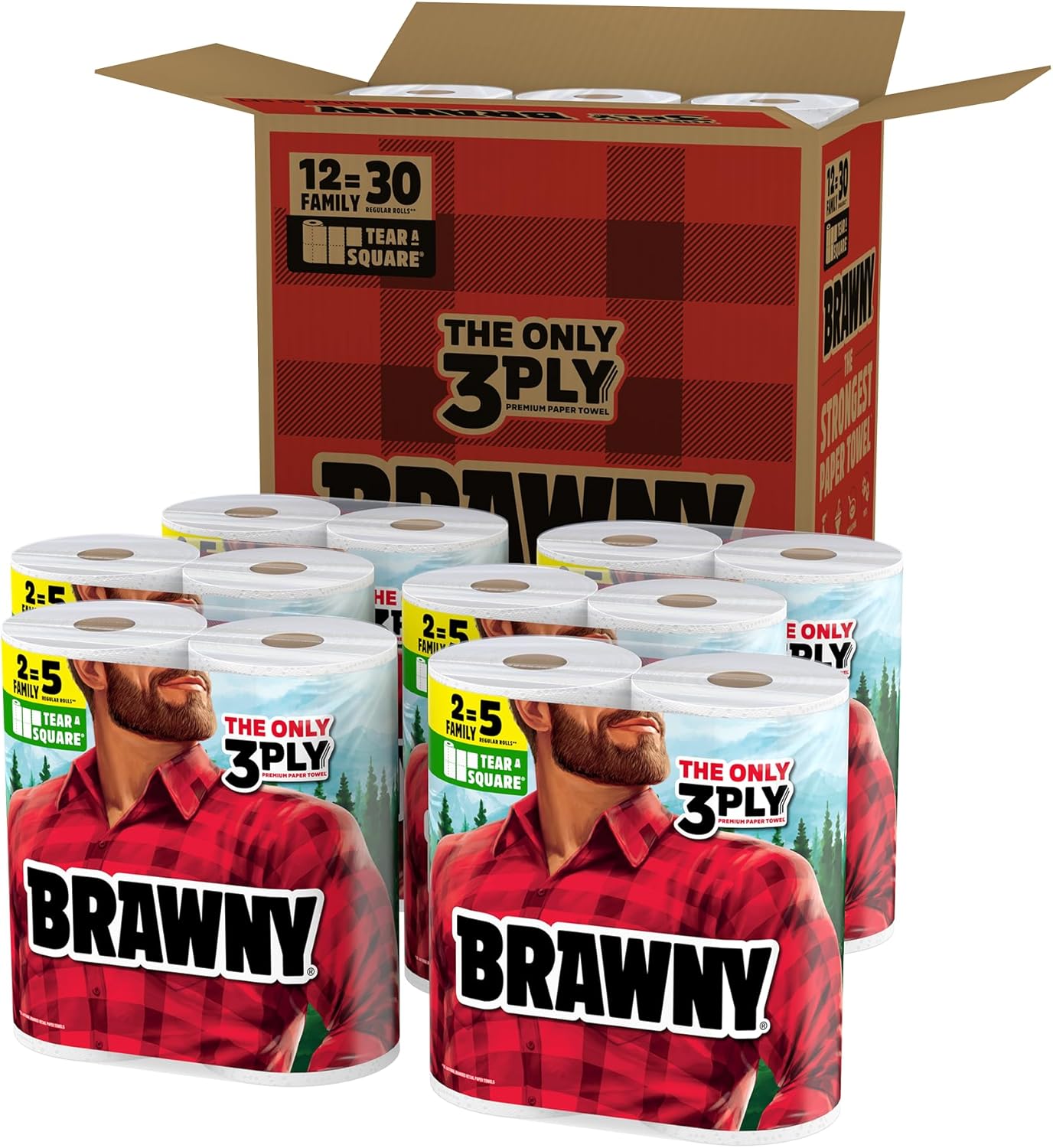 Brawny Tear-A-Square 3-Ply Paper Towels, 12 XL Family Rolls = 30 Regular Rolls, Strong, Absorbent, and Durable with 3 Sheet Sizes (Quarter, Half, Full) - Image 2