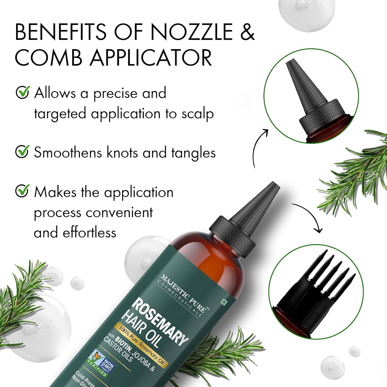 Majestic Pure 100% Pure Rosemary Oil for Hair Growth - Strengthening, Nourishing, Volumizing - Infused with Biotin Oil, Jojoba Oil & Castor Oil - Non GMO Verified - 4 Fl Oz - With Applicator - Image 5