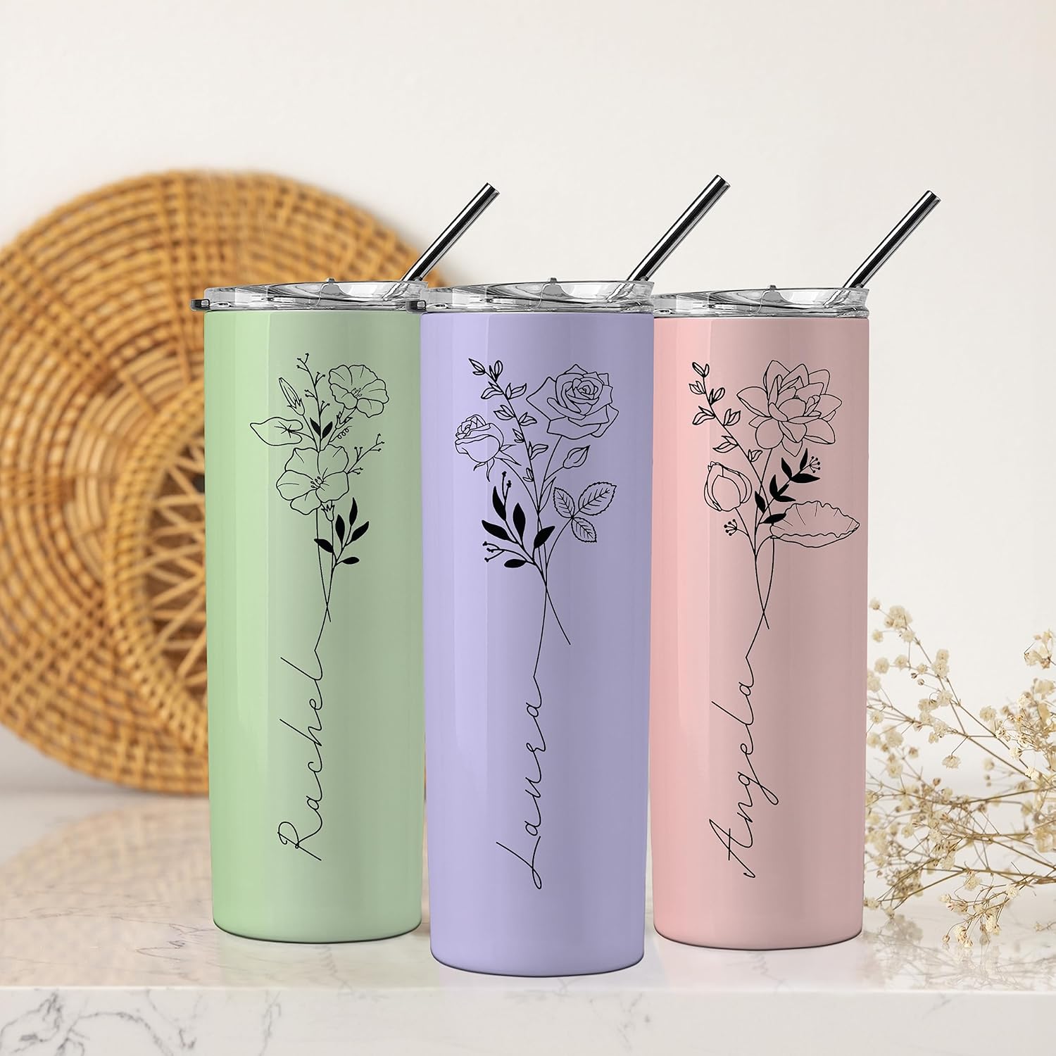 Birthday Gifts for Women, Personalized Tumblers with Birth Flower and Name, 10 Colors - 20 Oz, Skinny Tumblers for Women - Image 7