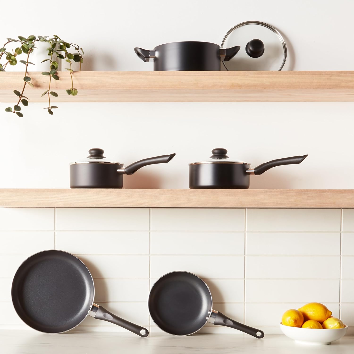 Amazon Basics Non-Stick Kitchen Cookware 8-Piece Set, Non-Induction, Includes Pots and Pans, Black - Image 3