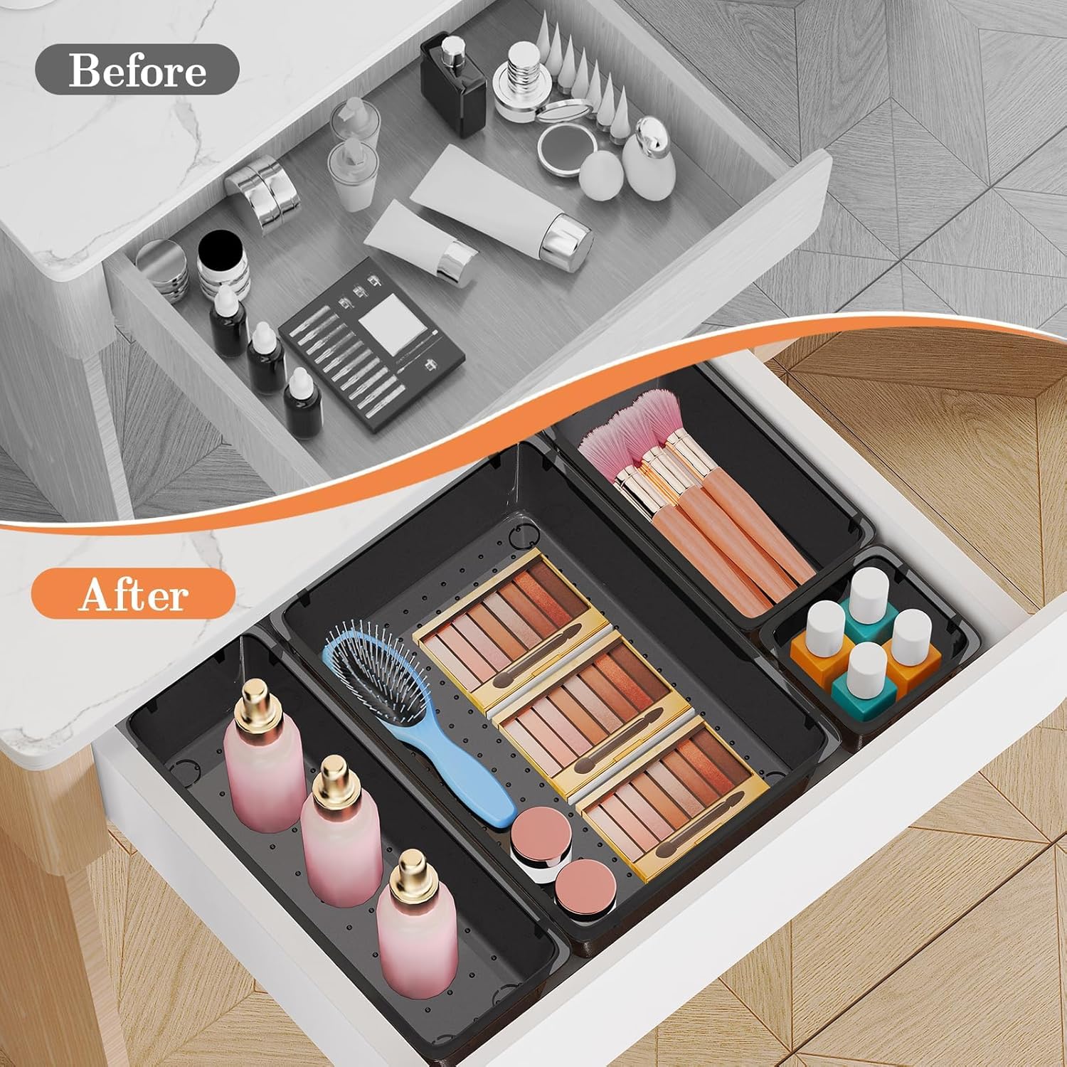 SpaceHacks 25 PCS Plastic Drawer Organizer Set, 4-Size Versatile Organizer Trays & storage Bins for Makeup, Jewelry, and Gadgets in Bathroom, Bedroom and Office,Clear Black - Image 4