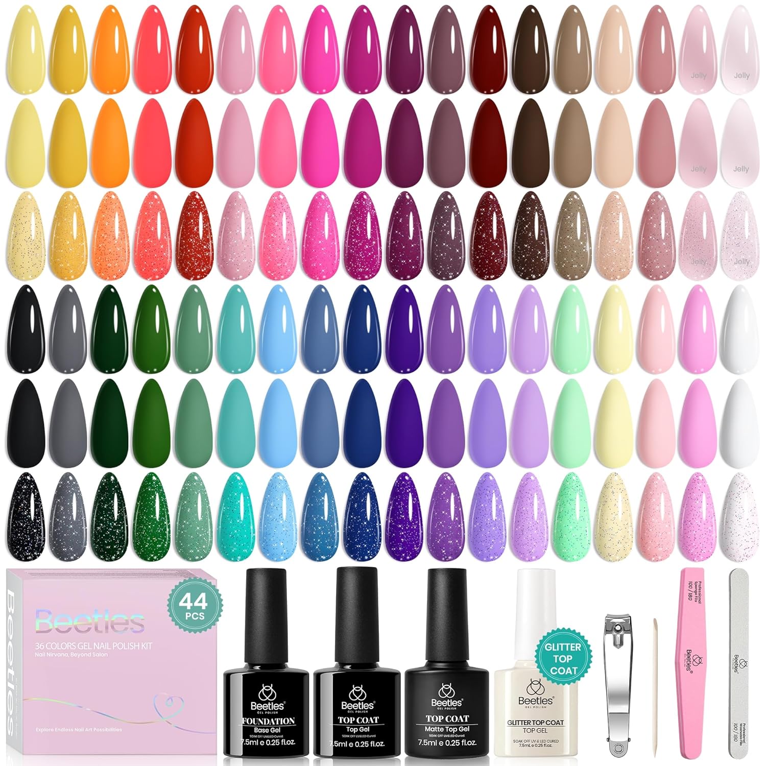beetles Gel Polish Set Vivid Seasons - Spring Gel Nail Polish Set 36 Colors Pink Yellow Green Purple Jelly Shades 45pcs with Base & Top Coat UV LED Soak Off DIY Salon Summer Gift for Women & Girls - Image 7