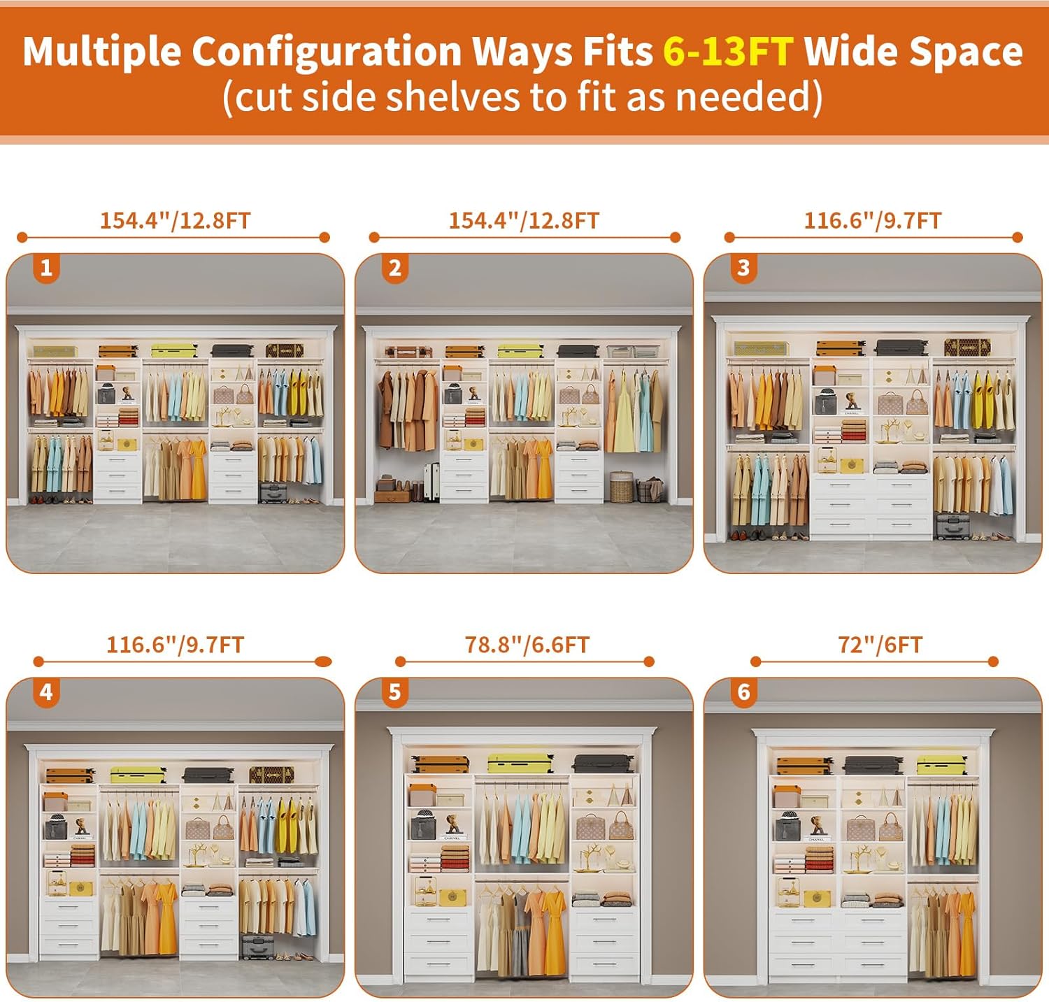Closet System with 6 Drawers, 6-13FT Custom Closet Organizer System with 6 Hanging Rods &Adjustable Shelves , Wood Closet System Kit for Walk in Closets, Modular Closet Organizer System, 2 Sets,White, - Image 5