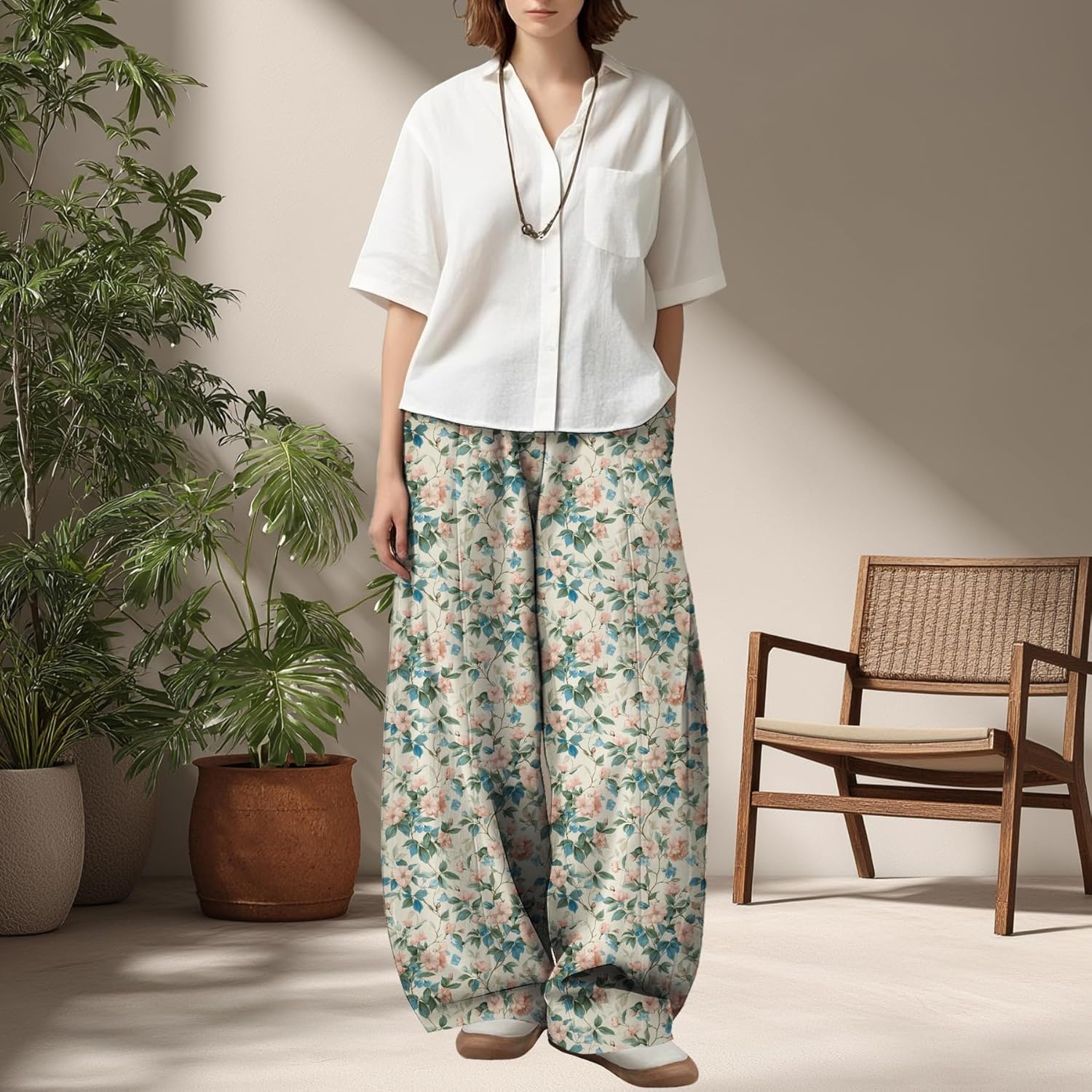 Womens Dressy Causal Baggy Wide Leg Pants Boho Floral Print Pants Waist Elastic Relax Fit Lantern Trouser with Pockets - Image 2