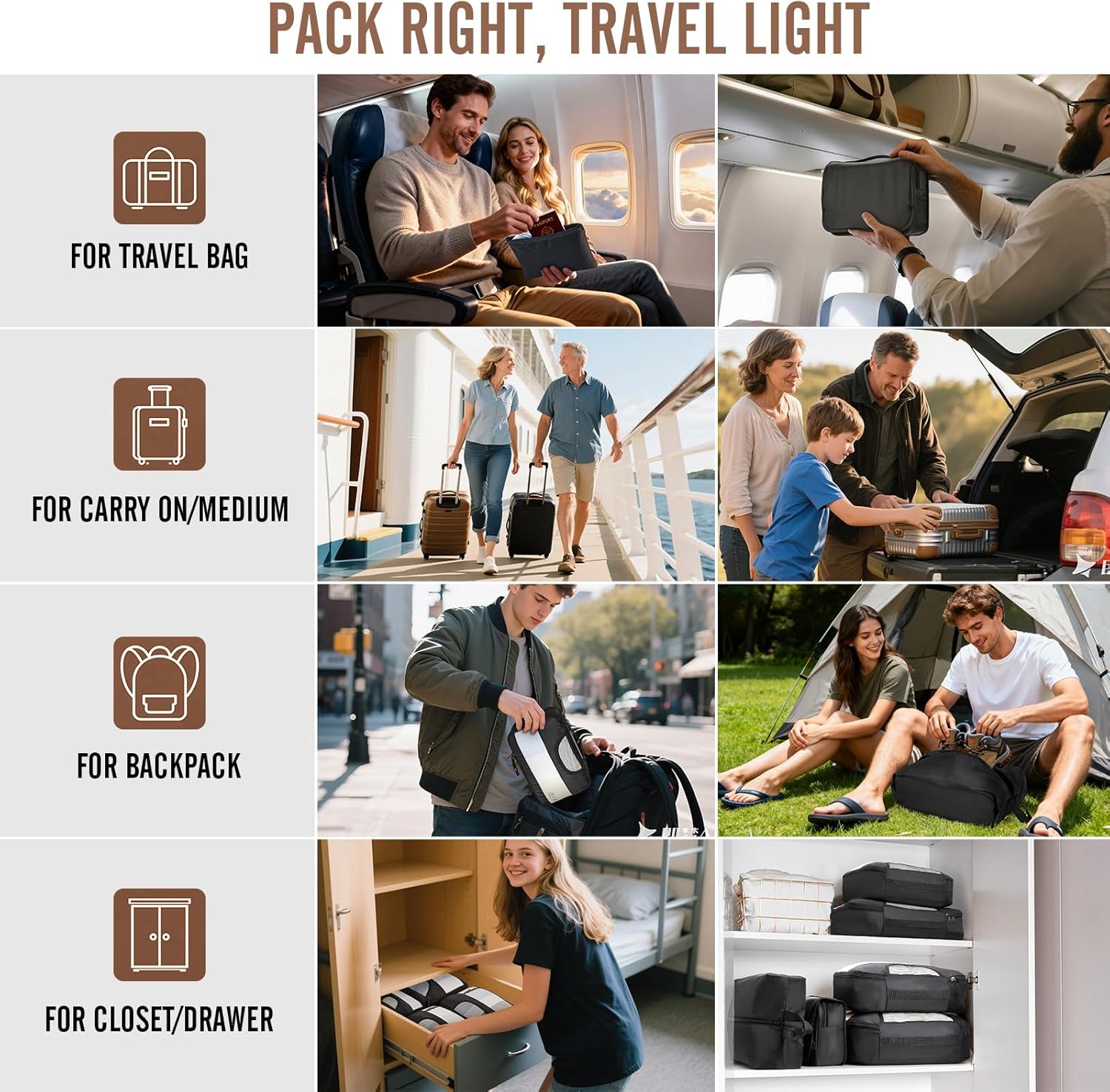 Veken 10 Set/8 Set Packing Cubes for Travel Essentials, Suitcase Organizer Bags in 4 Sizes, Carry-On Luggage Accessories with Laundry & Toiletry Bag, Airplane Must-Have, Road Trip & Camp Gifts for Men - Image 8