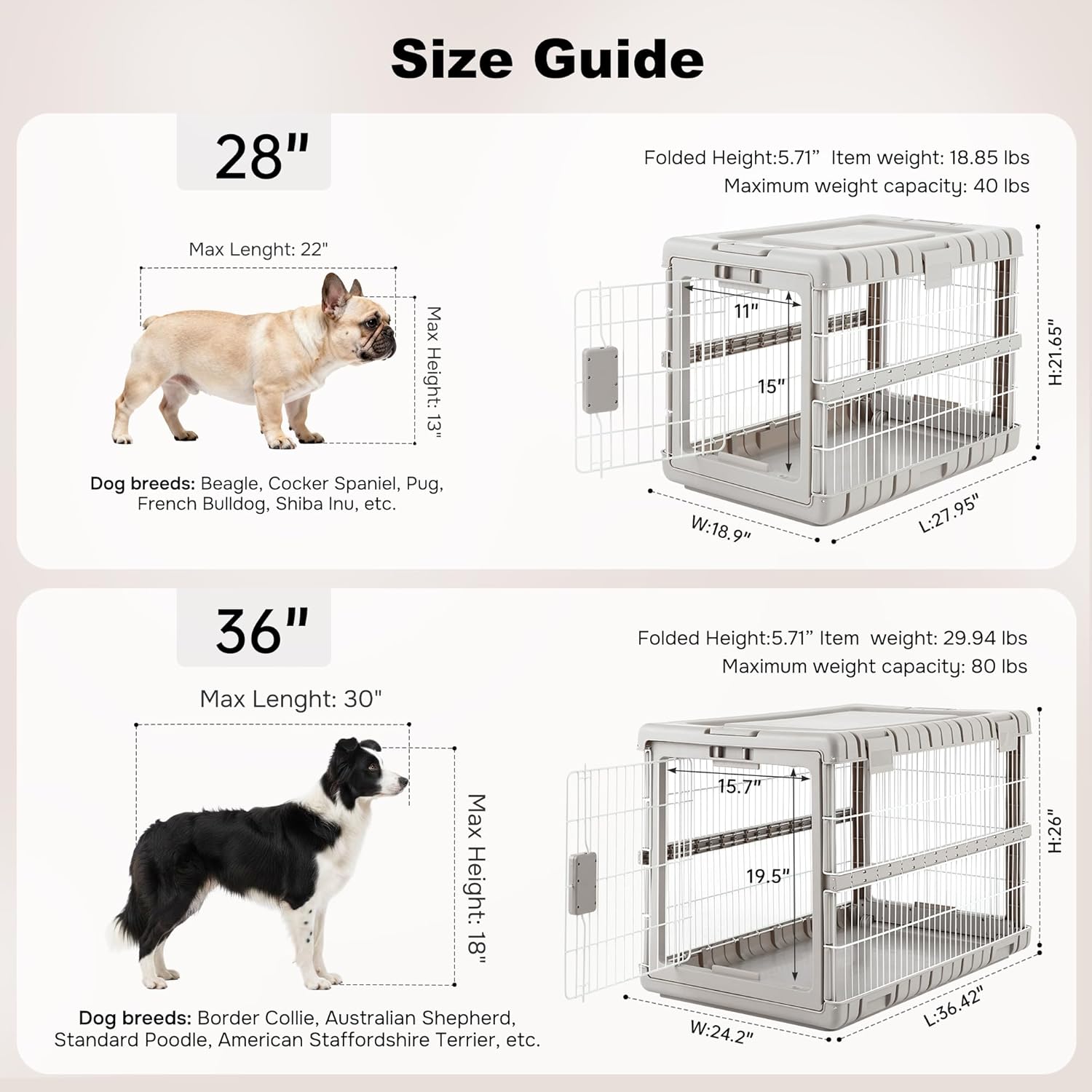 ZOMISIA Collapsible Dog Crate for Large Dogs - 36" L Heavy Duty Dog Kennel No Tools Required with 4 Sides Steel Foldable Cage for Dogs Indoor Furniture, Portable Carrier with 2 Smooth Wheels, Beige - Image 2