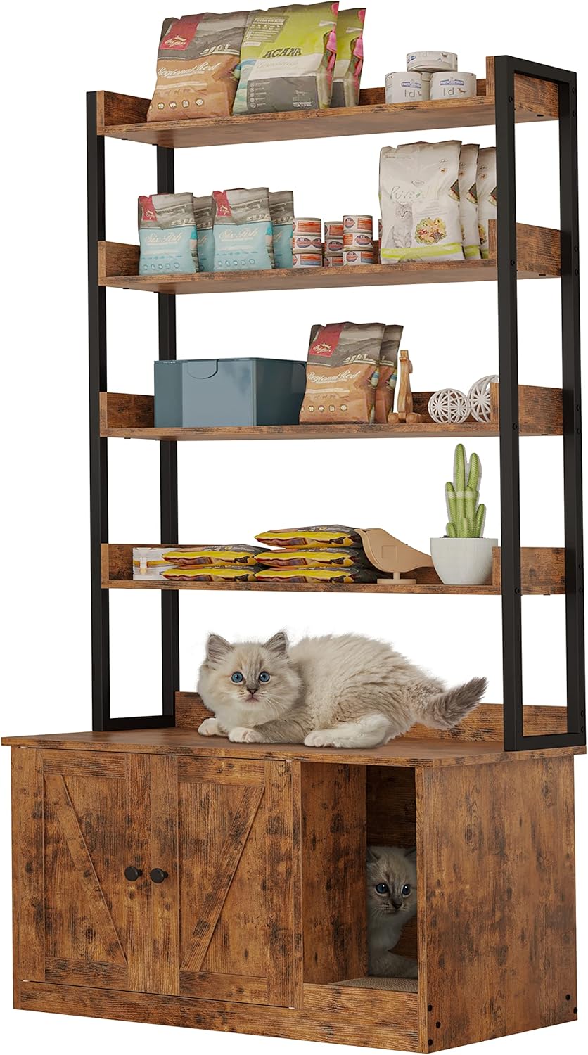 IRONCK Litter Box Enclosure with 4 Shelves and Doors, Large Wood Cat Litter Box Furniture Hidden with Storage and Scratch, Fit Most of Litter Box, Vintage Brown