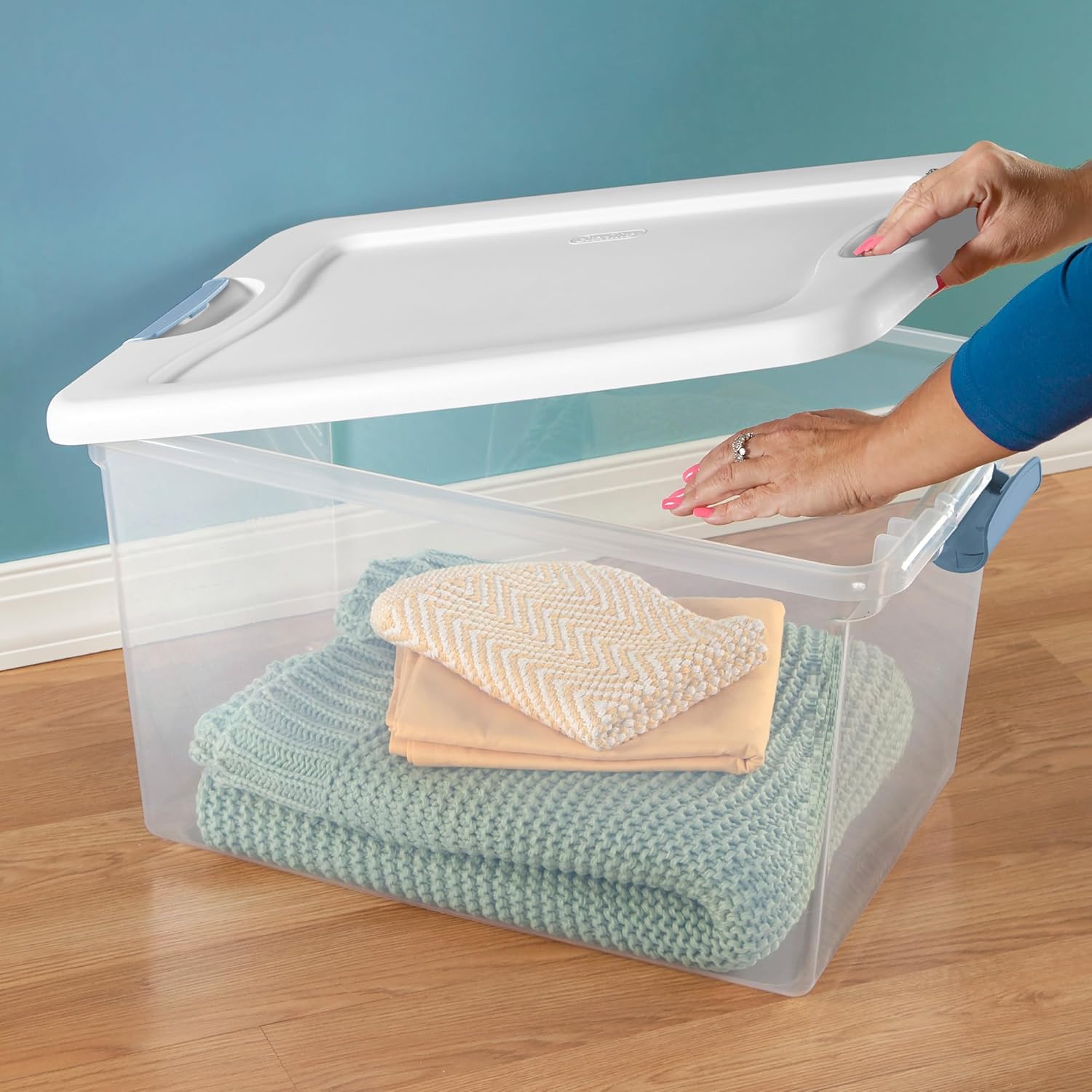 Sterilite 4-Pack 64 Quart Latching Box, Clear Plastic Storage Organizer Bins with White Lids - Large Stackable Containers for Home Bedroom, Dorm Room, and Closet Organization - Image 5