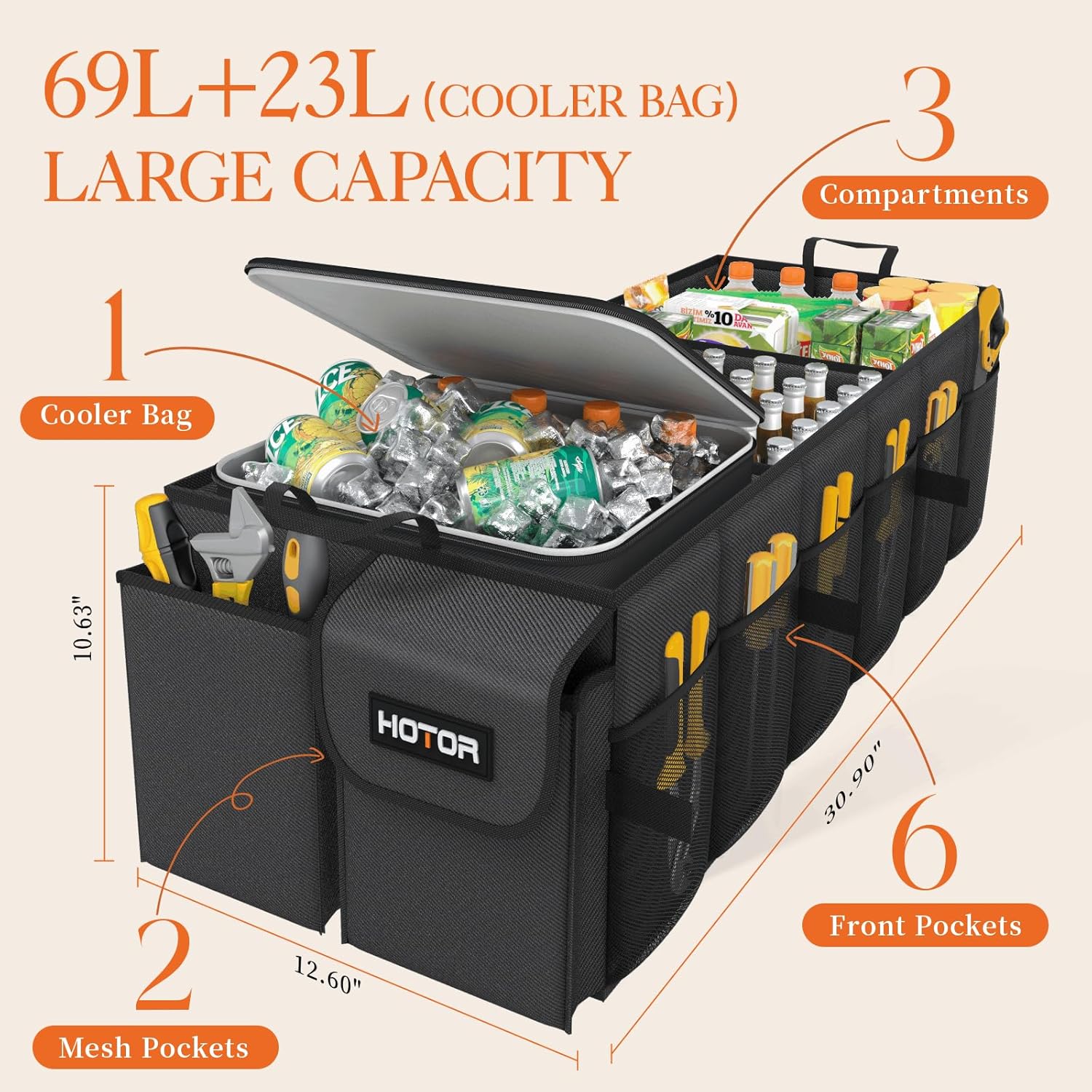 HOTOR Trunk Organizer, Sturdy Foldable with Cooler for Car & SUV, 3 Compartments, Black, 30.90”×12.60”×10.63” - Image 2