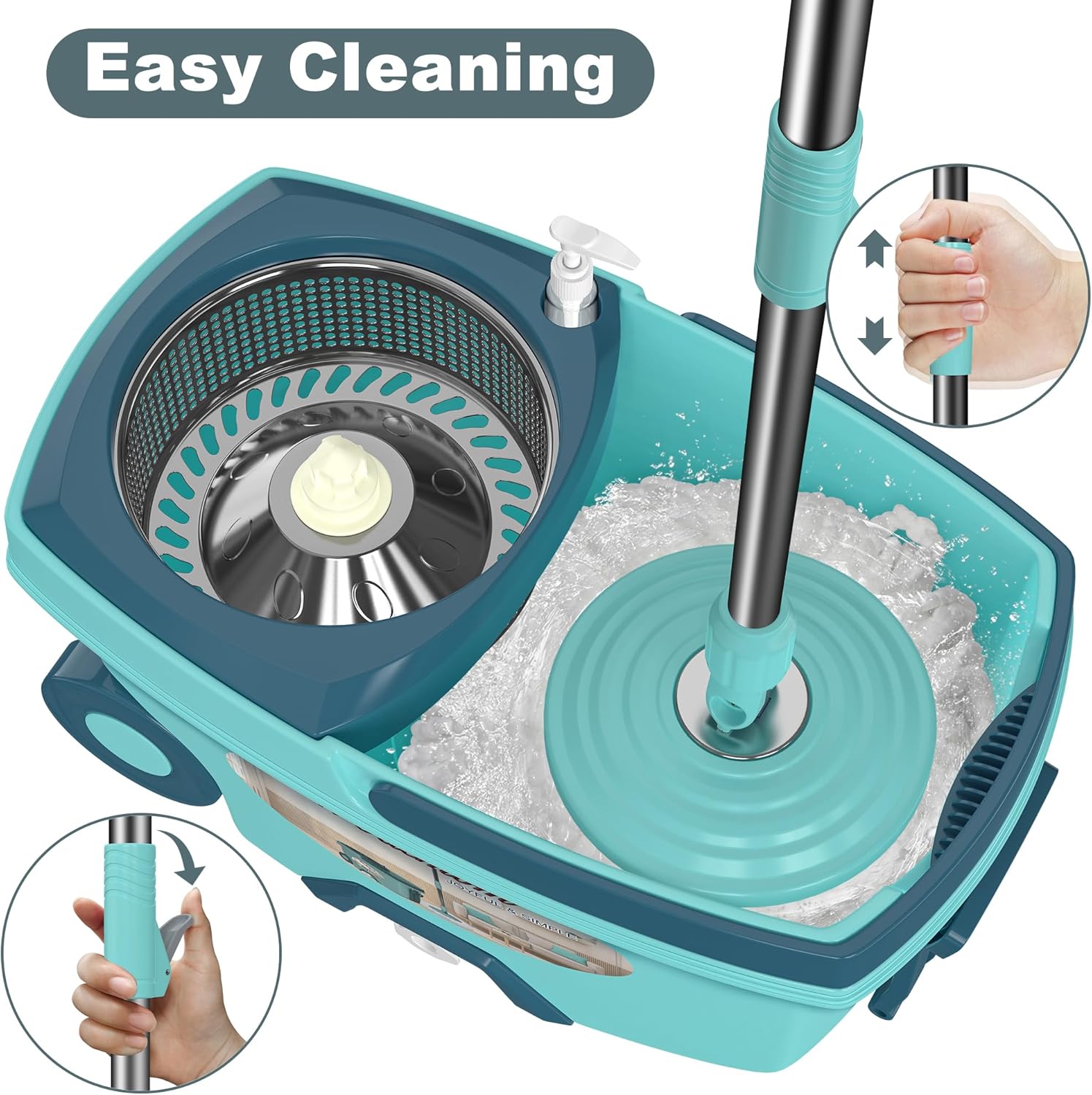 Spin Mop and Bucket System, Mop and Bucket with Wringer Set,Mops for Floor Cleaning,Household Supplies Tools with 6 Replacement Refills,61" Extended Handle for Household Hardwood Floor - Green - Image 2