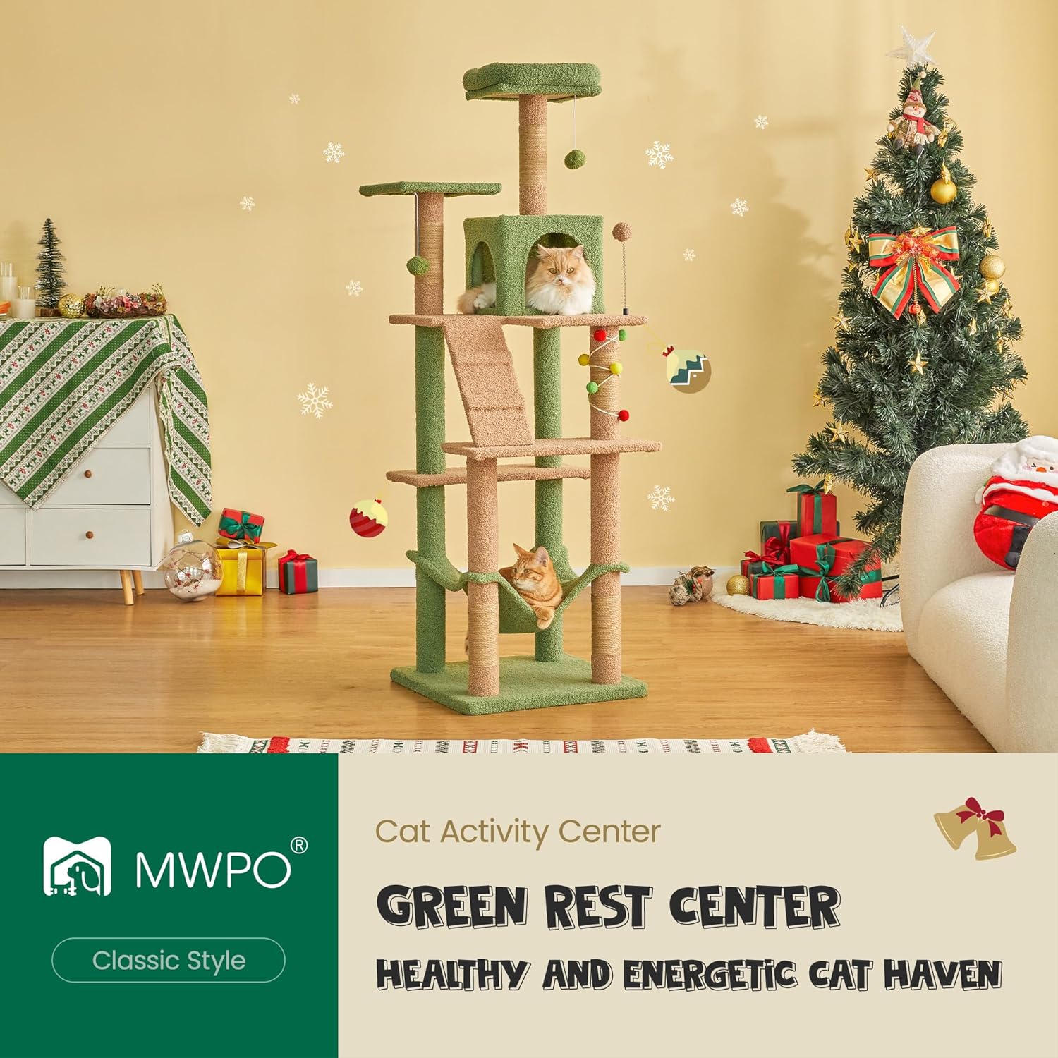 MWPO 63.8 Inches Green Cat Tree for Indoor Cats, Multi-Level Cat Tower with Sisal-Covered Scratching Posts, Padded Platform, Hammock, Dangling Toys, Stable Cat Condo Pet Play House - Image 2